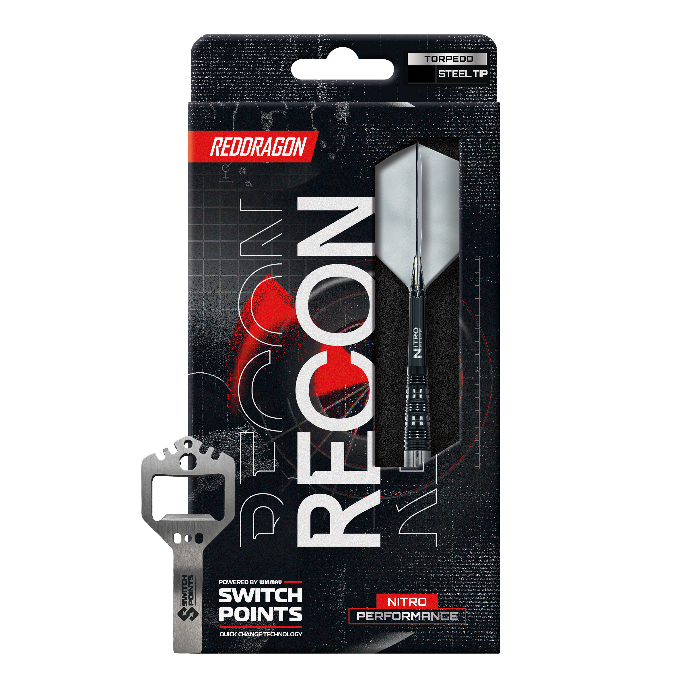 Red Dragon Recon Torpedo Steeldarts Auf dem Bild sind die Red Dragon Recon Torpedo Steeldarts - 23g zu erkennen. Die Steeldarts liegen parallel zueinander.
