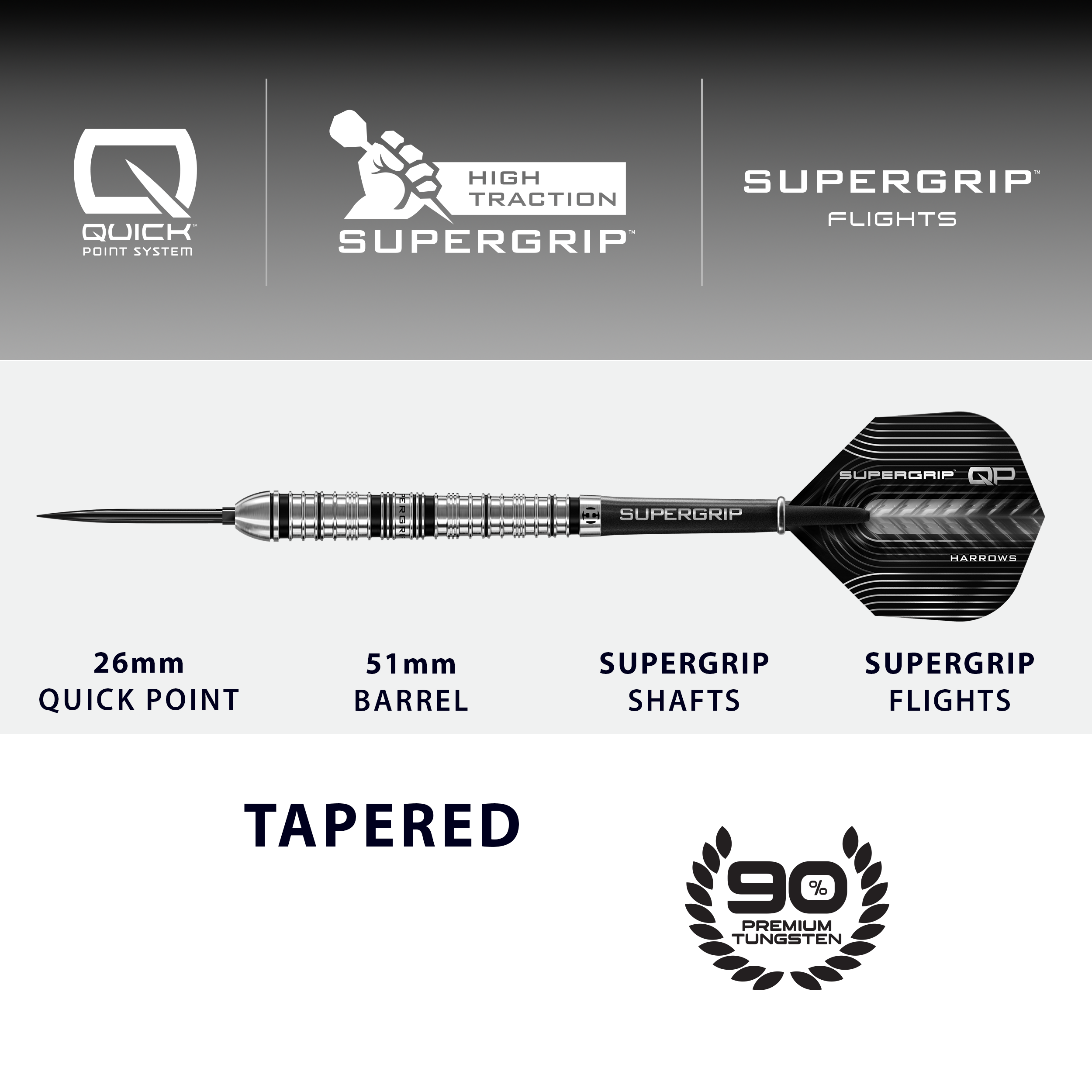 Harrows Supergrip Tapered Quick Point Steeldarts Abgebildet sind die Harrows Supergrip QP Tapered Quick Point Steeldarts. Sie eignen sich ideal für ein präzises Dartspiel.