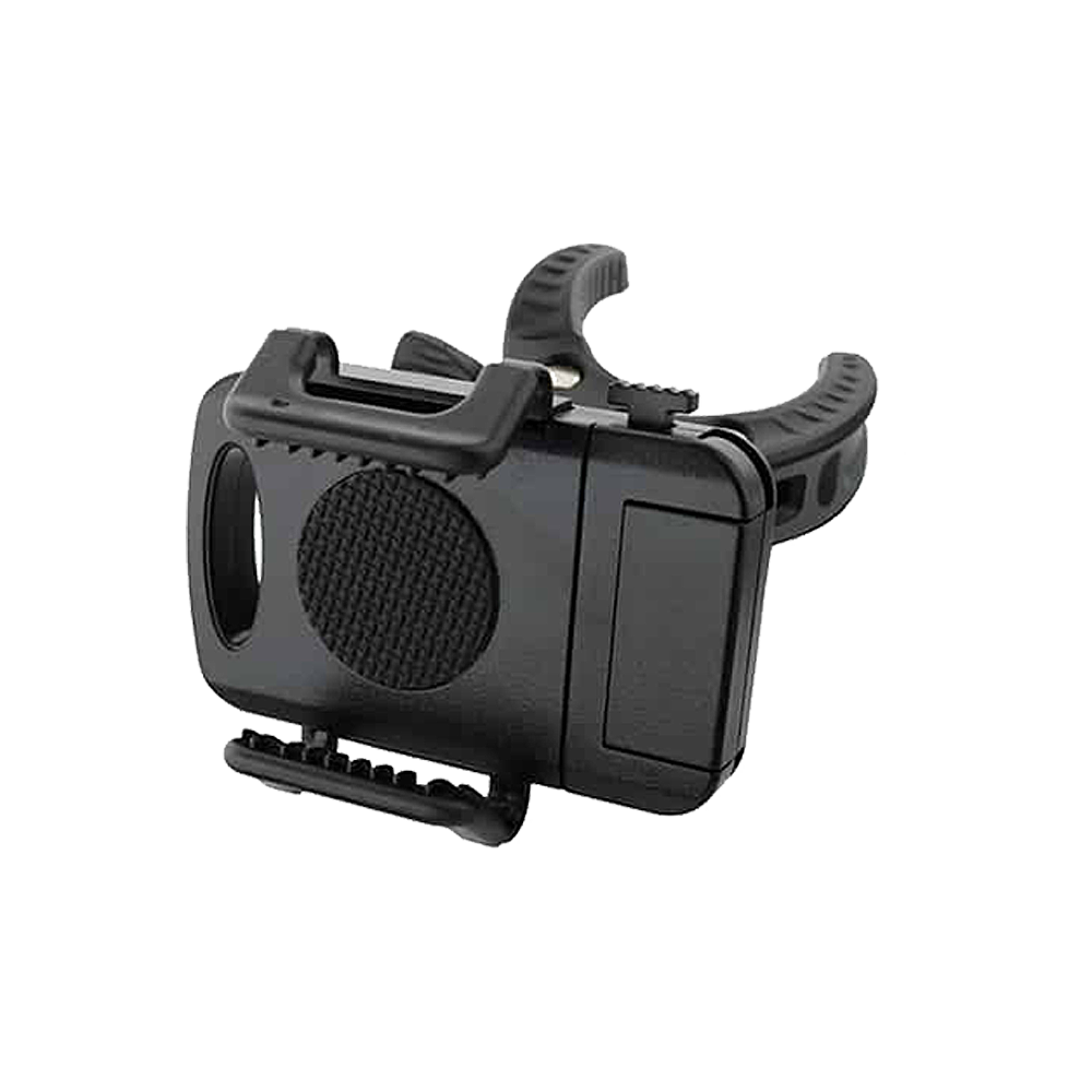 GranBoard Smartphone Holder Das Bild zeigt den GranBoard Smartphone-Halter. Es handelt sich um eine schwarze, kompakte Halterung zur Befestigung eines Smartphones.