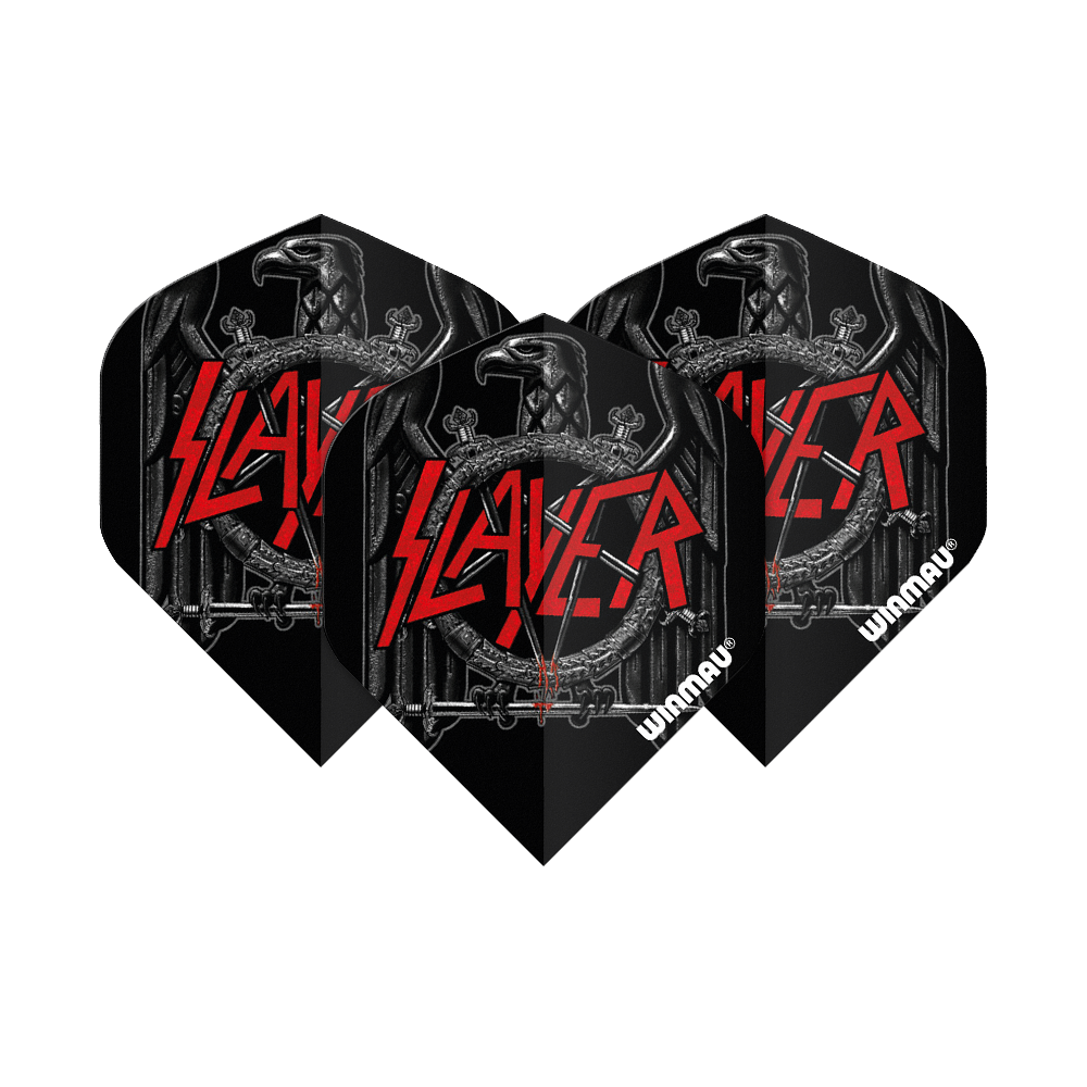 6905-221_Winmau_Rockstar_Legends_Slayer_Black_Eagle_Standard_Flights_1ubmwtJlIoAvVT Das Bild zeigt drei Dartflights mit dem Slayer-Logo und einem schwarzen Adler-Design. Die Flights sind mit "Winmau" beschriftet und haben eine rockige Optik.