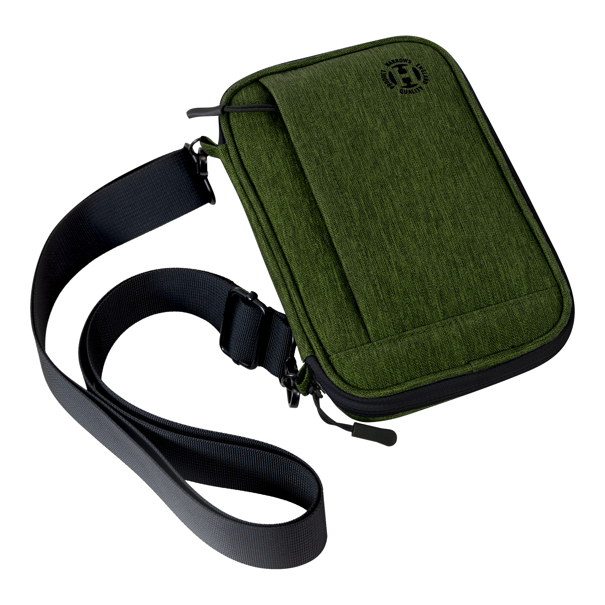 Auf dem Bild ist eine grüne Tragetasche mit einem schwarzen Schultergurt zu sehen. Die Tasche hat eine Klappe und wirkt robust und modern.