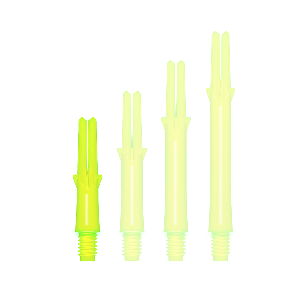 L-Style L-Shafts Locked Straight - Neon Yellow Auf dem Bild sind vier neon-gelbe Dart-Schäfte in verschiedenen Längen zu sehen. Sie haben ein gerades Design und ein Schraubgewinde am unteren Ende.