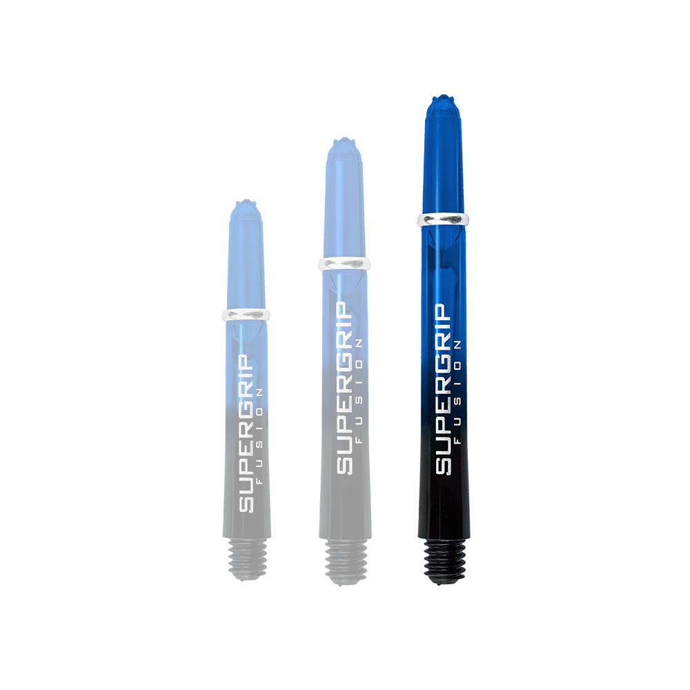 Das Bild zeigt drei blaue Harrows Supergrip Fusion Shafts in unterschiedlichen Längen. Die Schäfte sind für Dartpfeile geeignet und tragen den Schriftzug "SUPERGRIP FUSION".