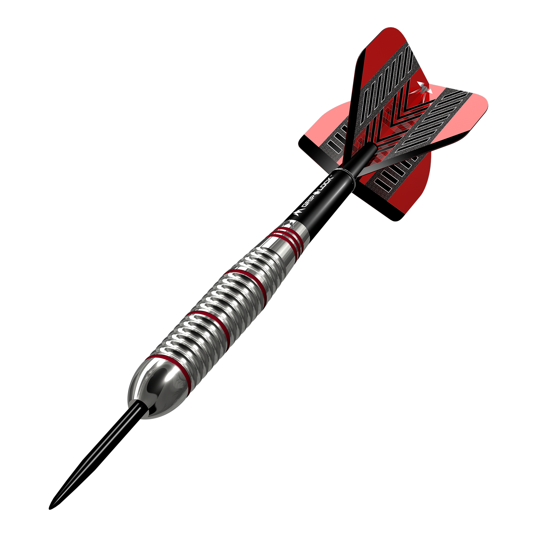 Mission Rogue Brass Steeldarts - 22g Das Bild zeigt einen Mission Rogue Brass Steeldart mit einem Gewicht von 22g. Der Dartpfeil hat ein silbernes Griffstück mit roten Akzenten und rote Flights.