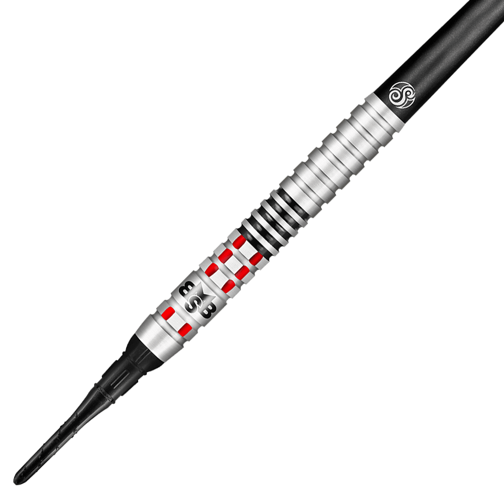 Shot Michael Smith Achieve Softdarts Das Bild zeigt einen Shot Michael Smith Achieve Softdart. Der Dartpfeil ist silberfarben mit roten und schwarzen Akzenten und hat eine strukturierte Griffzone.