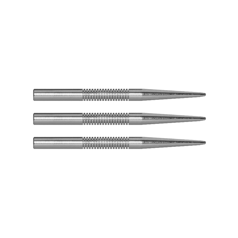 MCD13_McDart_Silver_Ghost_Steeldartspitzen_32mm_1 Das Bild zeigt drei silberne Steeldartspitzen der Marke McDart Silver Ghost. Sie sind aus Metall gefertigt und haben eine geriffelte Griffzone.