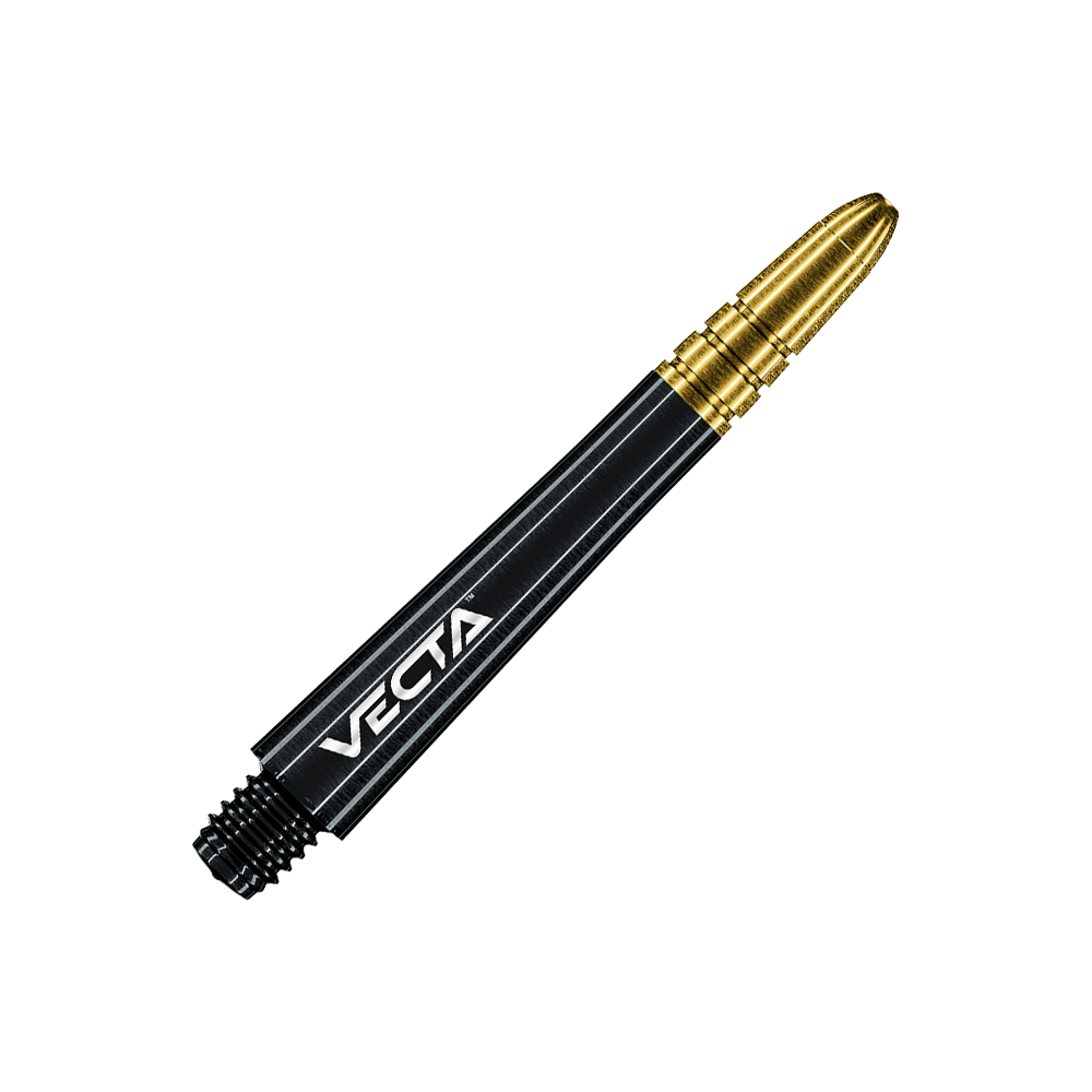 7025-209_Winmau_Vecta_Shafts_Schwarz_Gold_40mm_2 Das Bild zeigt einen schwarz-goldenen Dart-Shaft mit der Aufschrift "VECTA". Der Schaft ist schlank und hat eine glänzende Oberfläche.