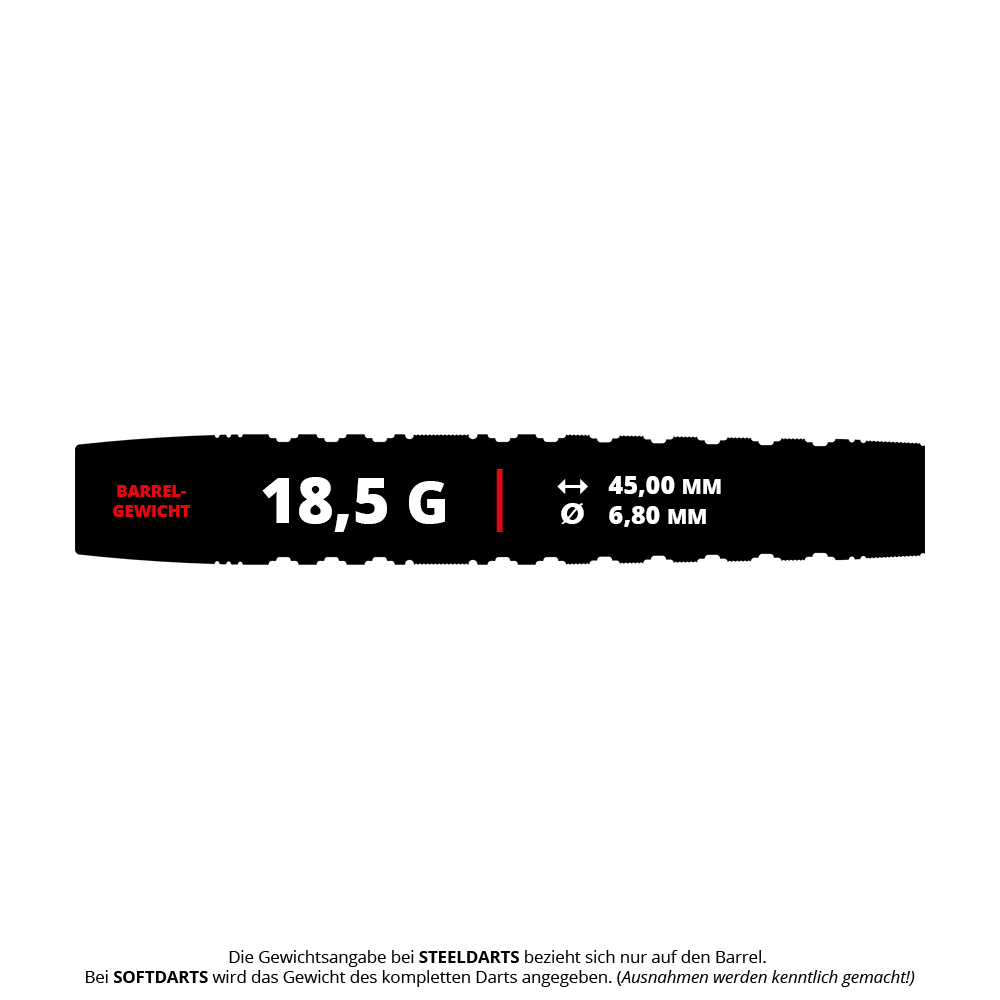 Das Bild zeigt die Produktinformationen der Target Japan Black Marque Lumiere GEN3 Softdarts mit einem Gewicht von 18,5 g. Die Länge beträgt 45,00 mm und der Durchmesser 6,80 mm.