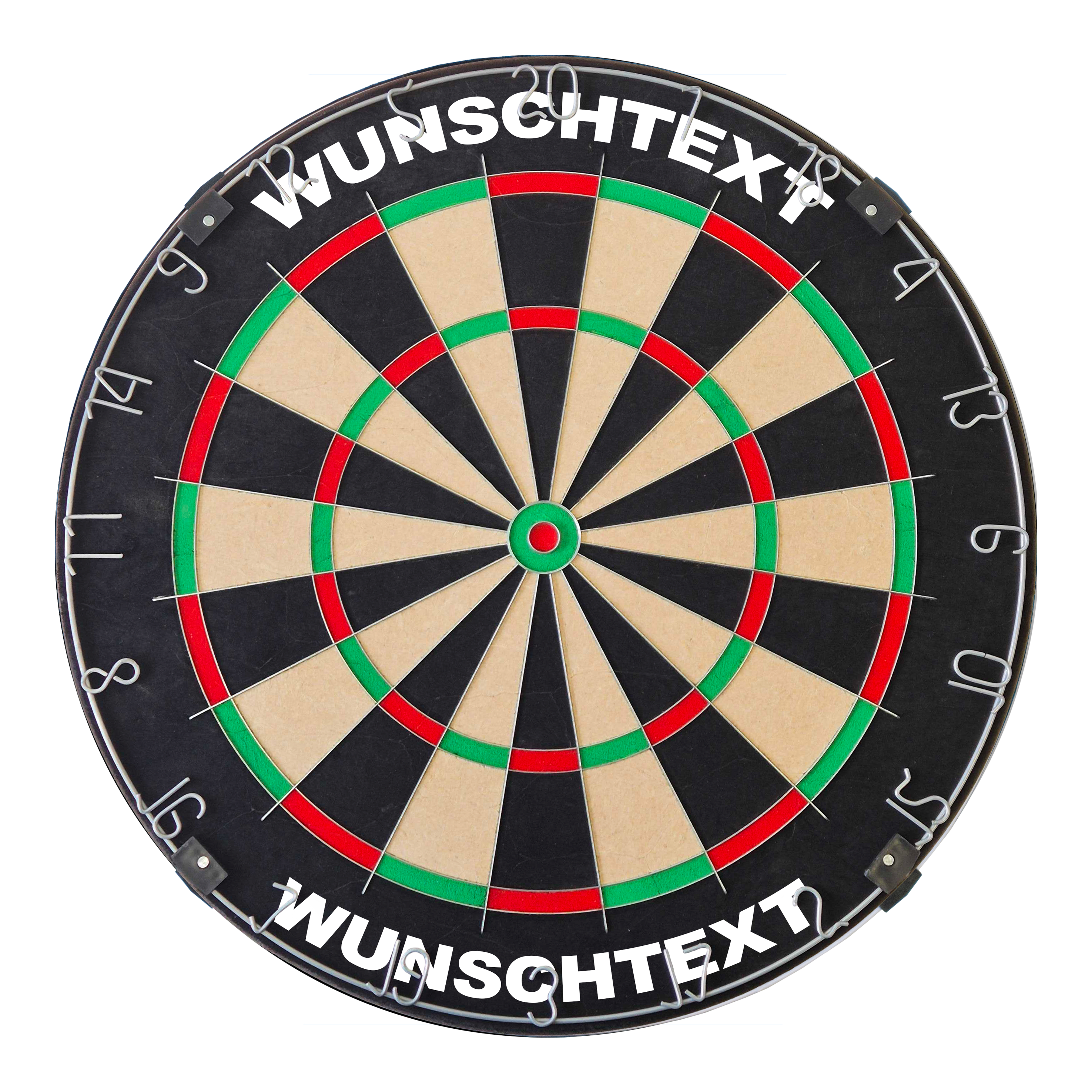 Das Bild zeigt ein Dartboard mit traditionellem Design. Die Datei heißt 'MCDB_Dartboard_mit_Wunschtext_TraditionellerRingSilber_1_ArialBlack'.