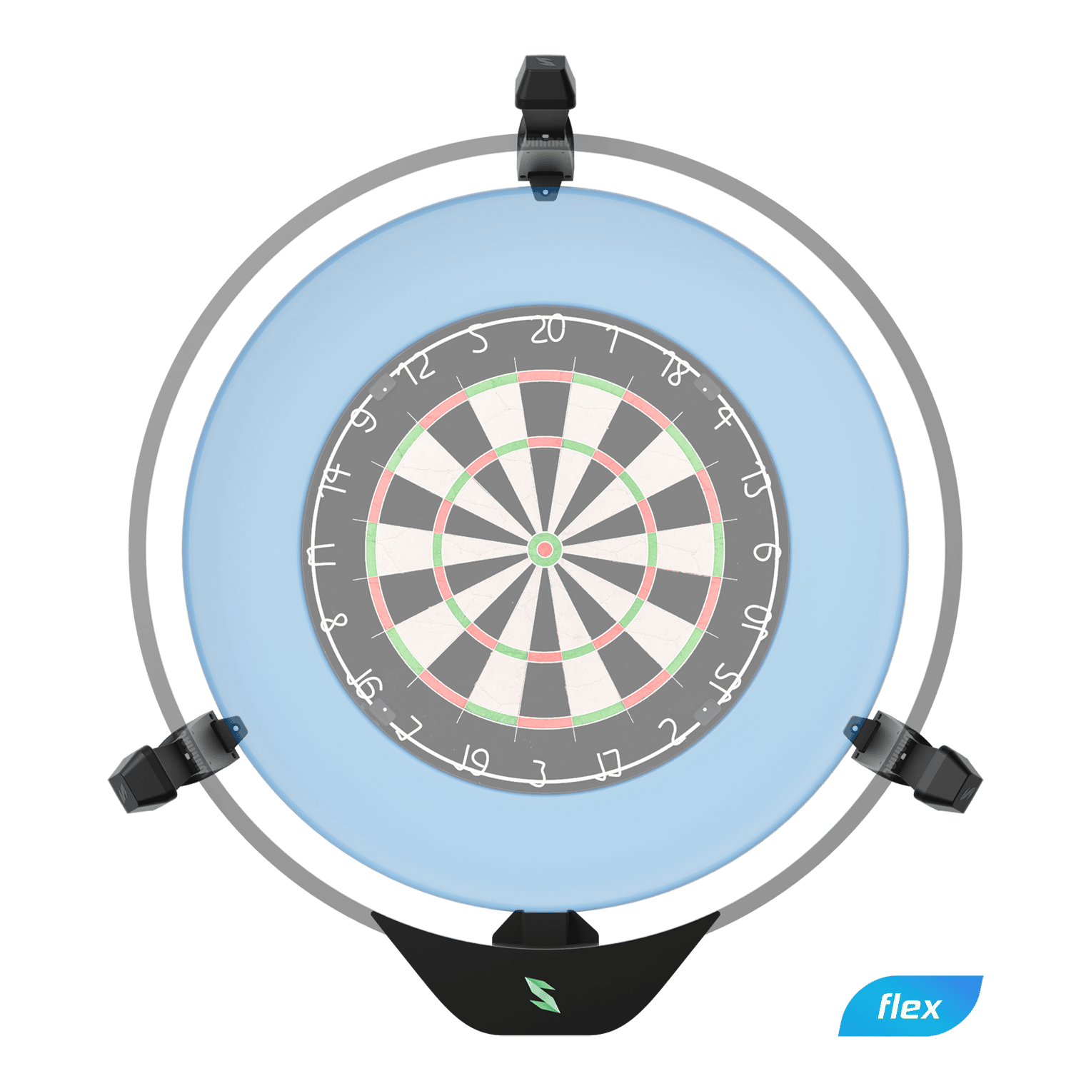 Das Bild zeigt das Produkt "Scolia Home 2 FLEX - Electronic Score System". Es handelt sich um ein elektronisches Punktesystem für eine Dartscheibe, das von einem runden Rahmen mit blauer Beleuchtung umgeben ist.