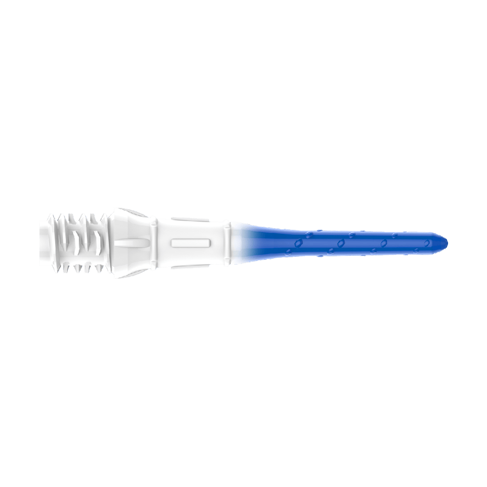 L-Style Premium Lippoint Gradiation Dartspitzen (30er Pack) Das Bild zeigt eine Dartspitze mit einem Farbverlauf von Weiß zu Blau. Die Spitze hat kleine Einkerbungen entlang des blauen Teils.