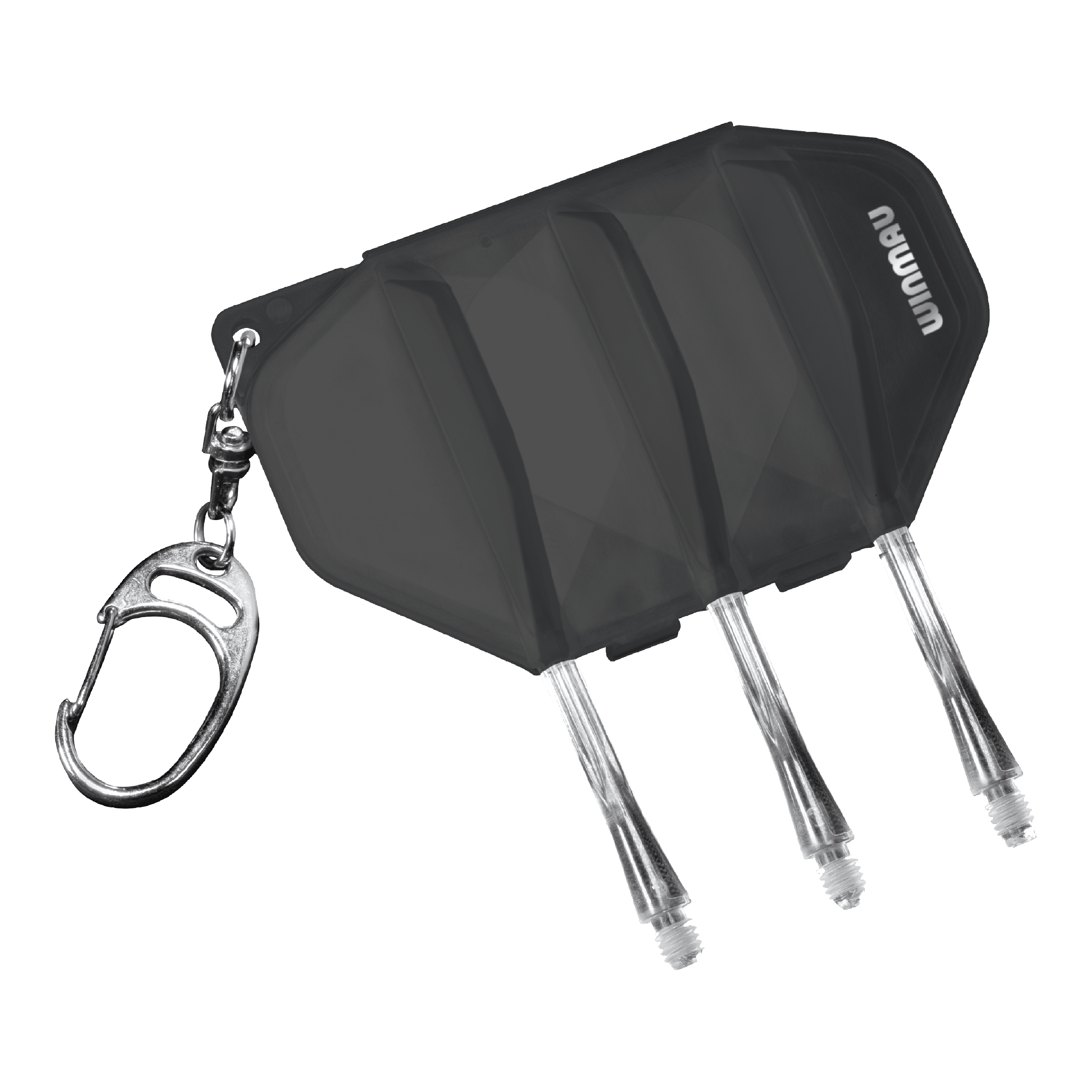 Winmau Fusion Flightcase - Clear Black Das Bild zeigt das Winmau Fusion Flightcase in der Farbe Clear Black. Es besitzt einen Schlüsselanhänger und Platz für Darts-Flights und -Shafts.