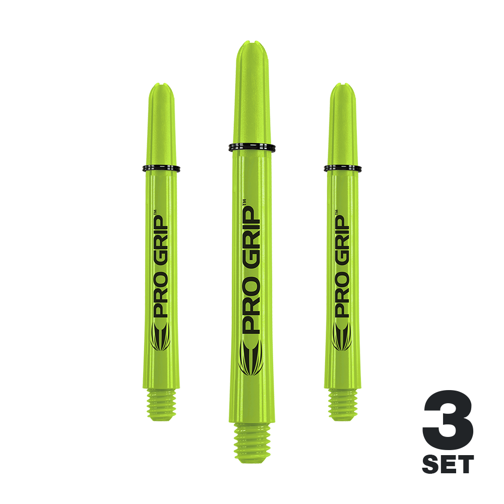 Das Bild zeigt drei limegrüne Pro Grip Shafts für Darts. Unten rechts steht "3 Set", was bedeutet, dass es ein Set mit drei Stück ist.
