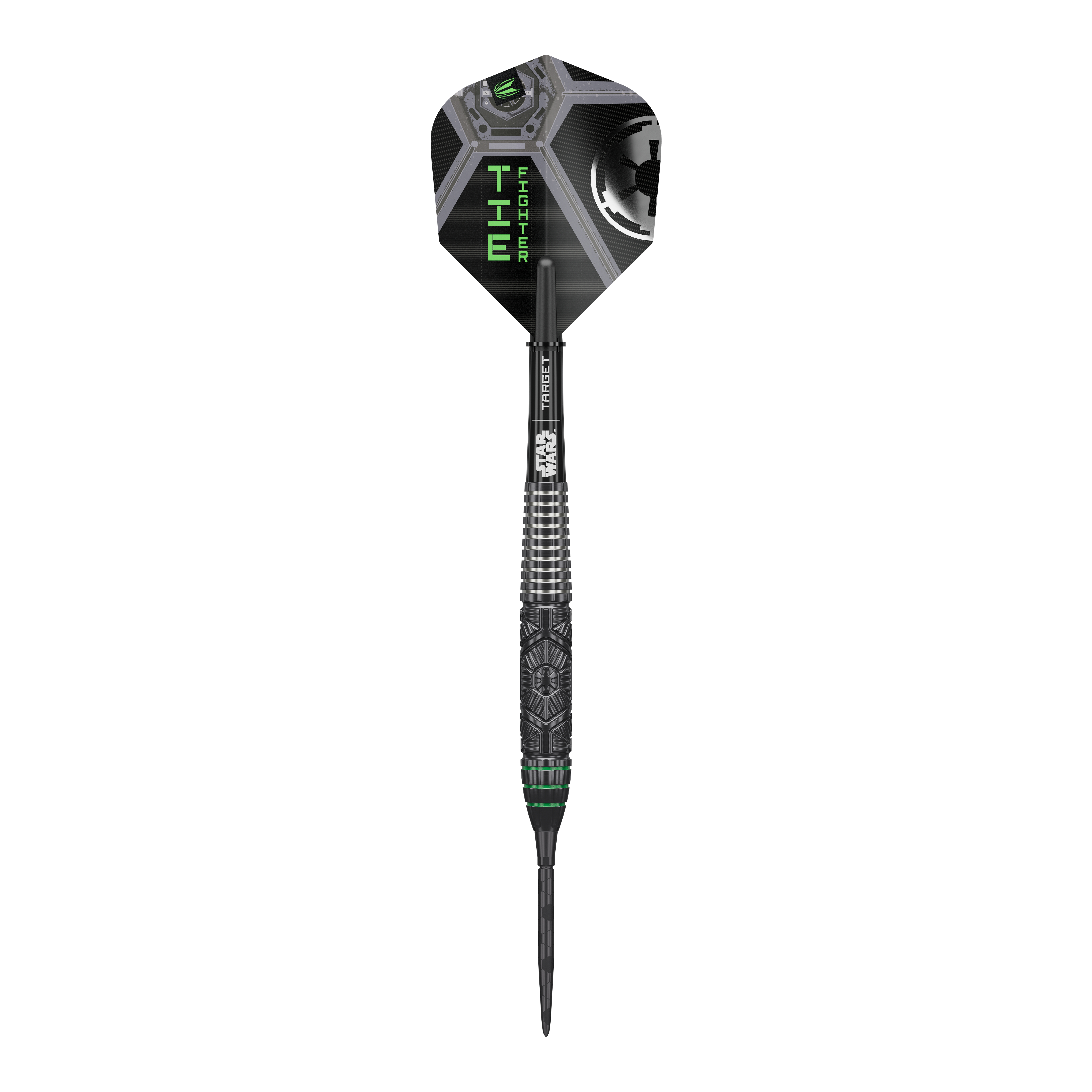 Target Star Wars Tie Fighter Swiss Point Steeldarts Das Bild präsentiert Target Star Wars Tie Fighter Swiss Point Steeldarts. Diese Darts sind im Design eines Tie Fighters gestaltet.