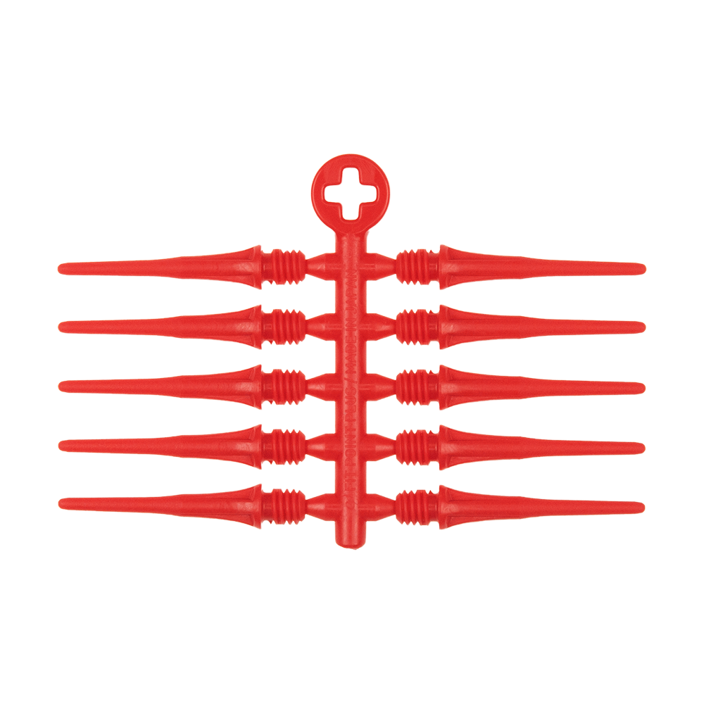 Das Bild zeigt acht rote Kunststoffspitzen, die an einem zentralen Steg befestigt sind. Oben befindet sich eine runde Öffnung mit einem Kreuz in der Mitte.