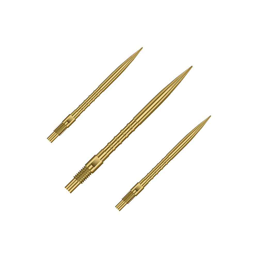 Das Bild zeigt ein Set aus goldenen Dartspitzen mit 30mm Länge. Es sind Harrows Quick Point Heavy Metal Grip Dartspitzen Gold 30mm im Set.