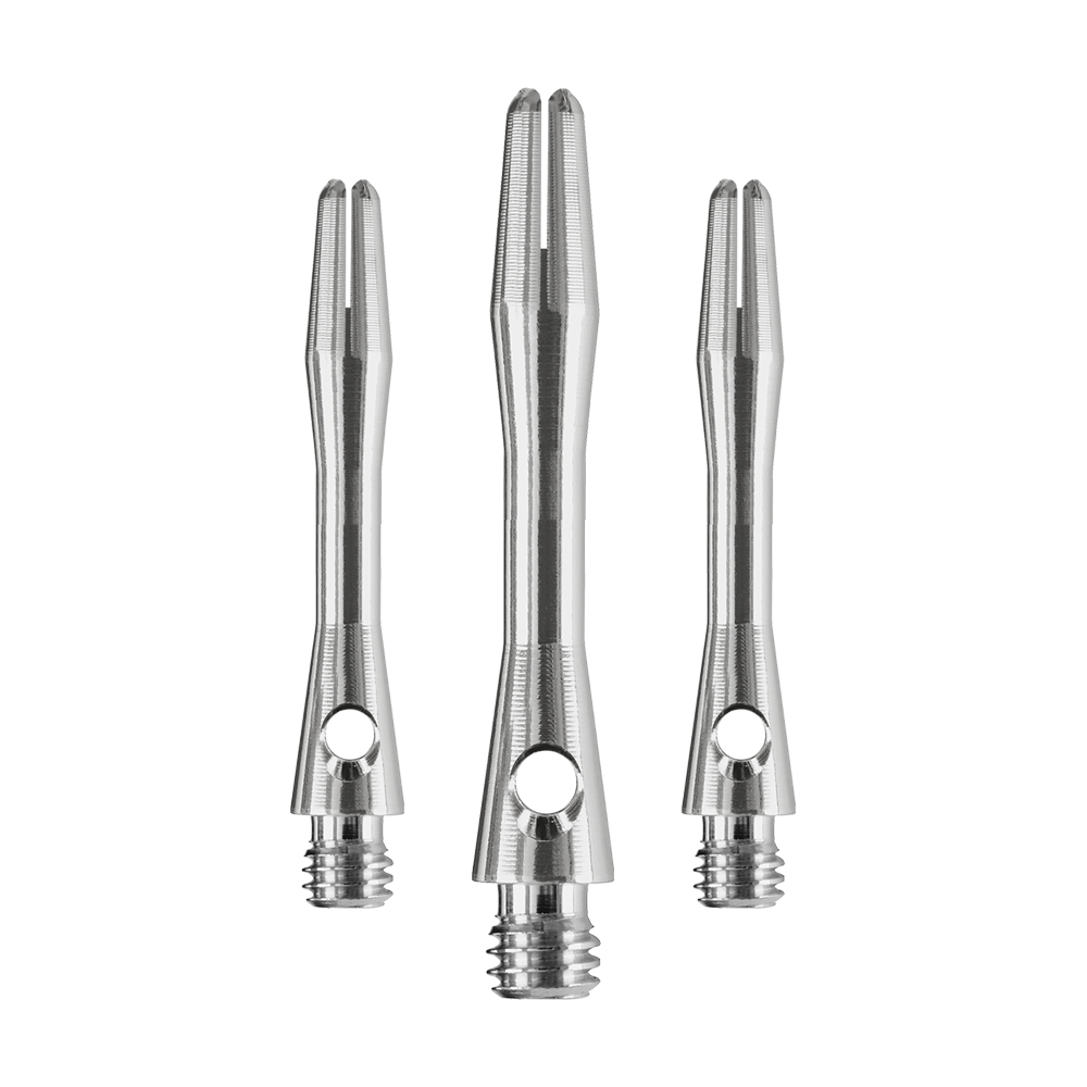 Das Bild zeigt drei silberfarbene Dartschäfte aus Metall. Es handelt sich um das Produkt "Harrows Keramic Shafts - Gun Metal".