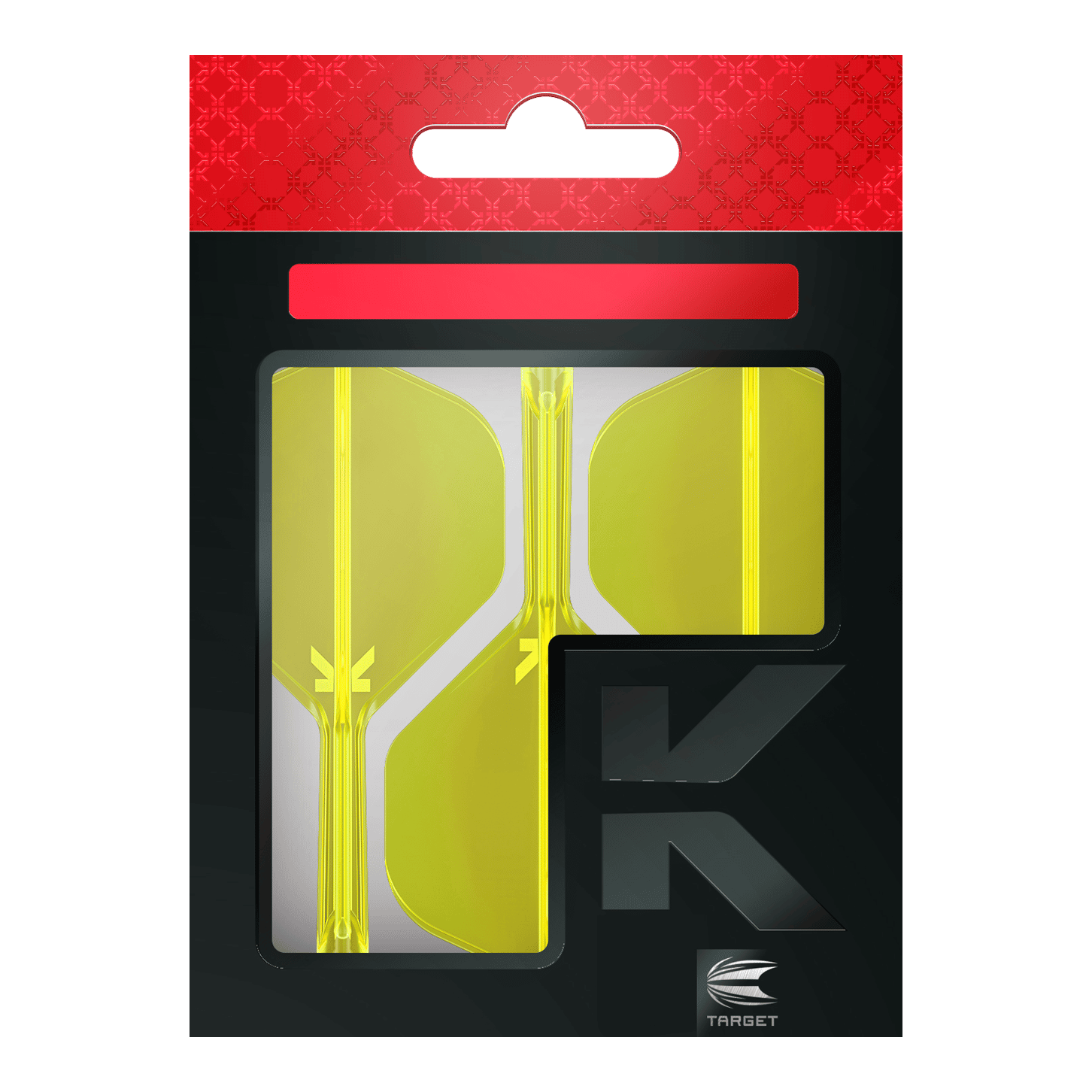Das Bild zeigt eine Packung mit neon-gelben Dart-Flights der Marke Target. Die Verpackung ist überwiegend schwarz mit einem auffälligen roten Bereich am oberen Rand.