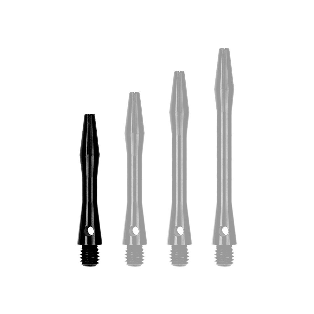 501_Aluminium_Shafts_Schwarz_30mm_1b7myQcUANwgCy Das Bild zeigt vier schwarze Aluminiumschäfte in unterschiedlichen Längen. Sie sind für den Gebrauch an Pfeilen oder Darts vorgesehen.
