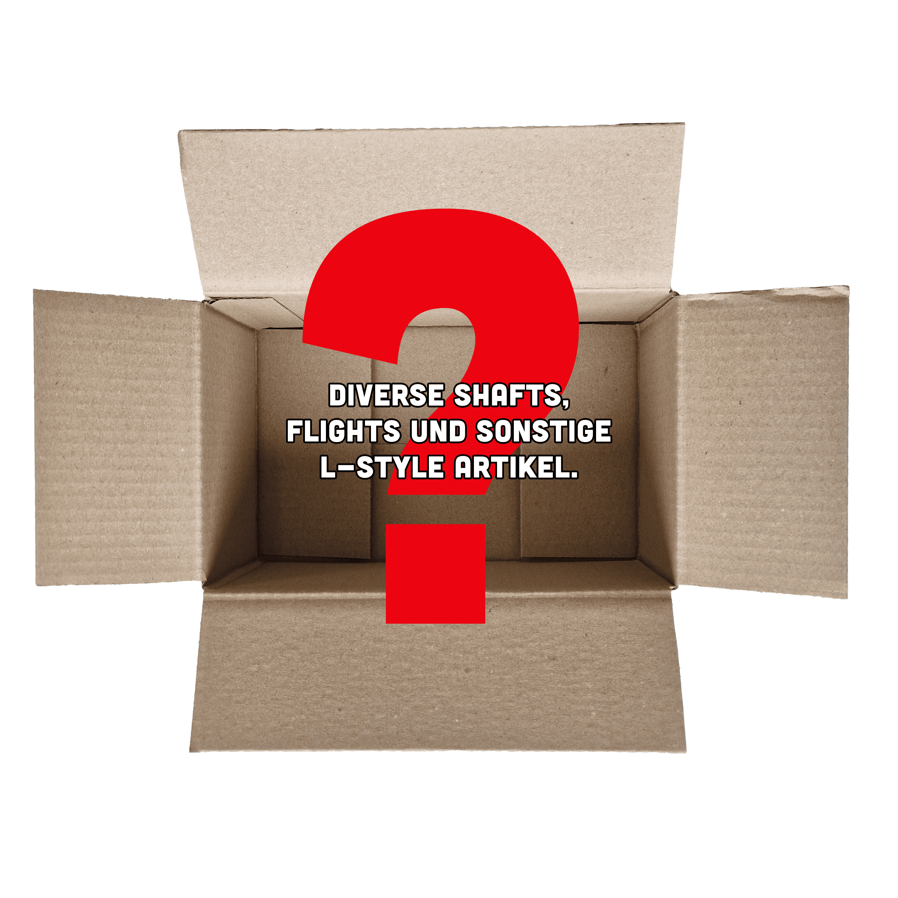 McDart Mystery-Box - L-Style Das Bild zeigt einen offenen Karton mit einem großen roten Fragezeichen darin. In der Mitte steht der Text: "Diverse Shafts, Flights und sonstige L-Style Artikel."