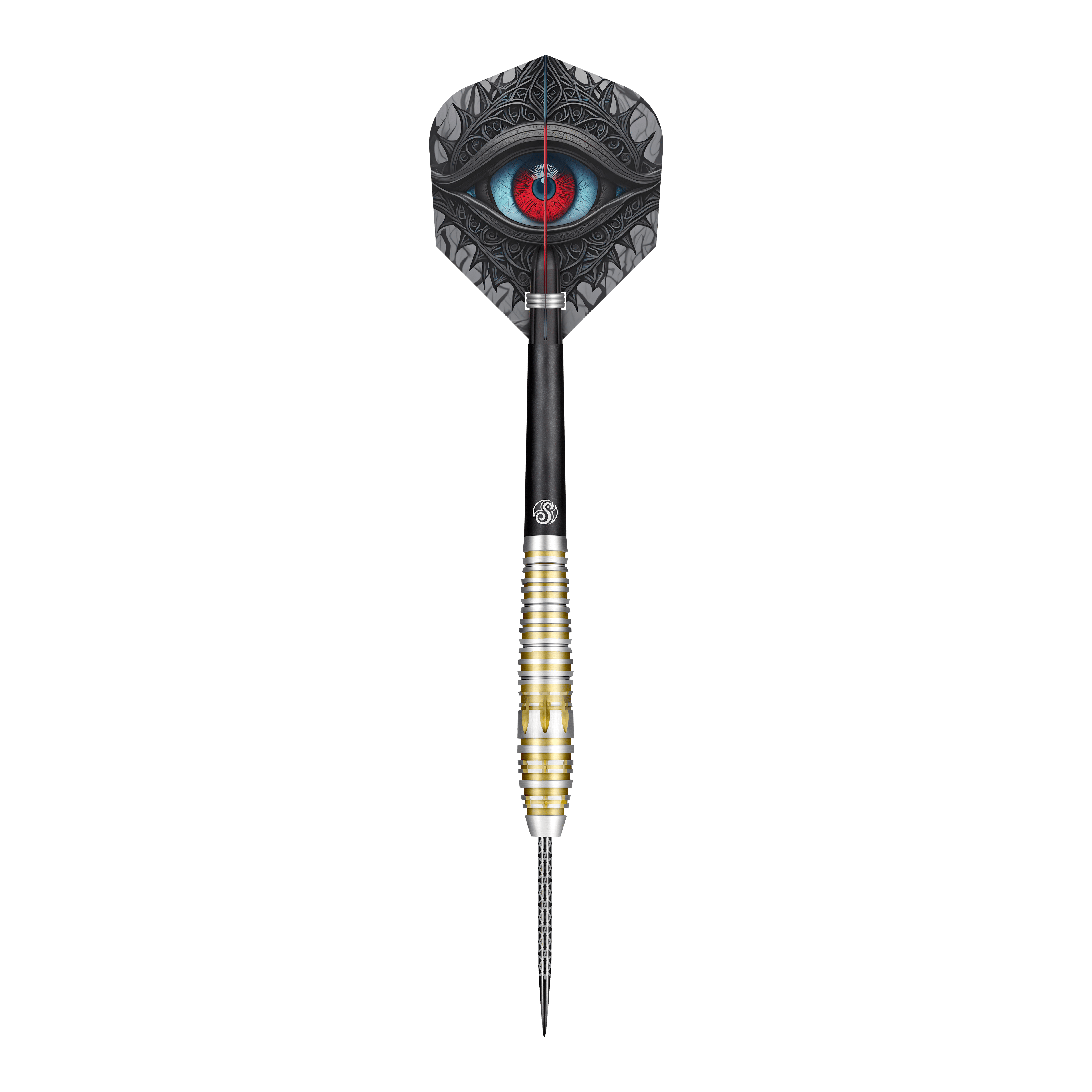 Shot Celt Balor Steeldarts Dieses Bild zeigt einen Steeldartpfeil des Produkts "Shot Celt Balor Steeldarts". Auf dem Flight ist ein auffälliges Auge in blauen und roten Farbtönen abgebildet.