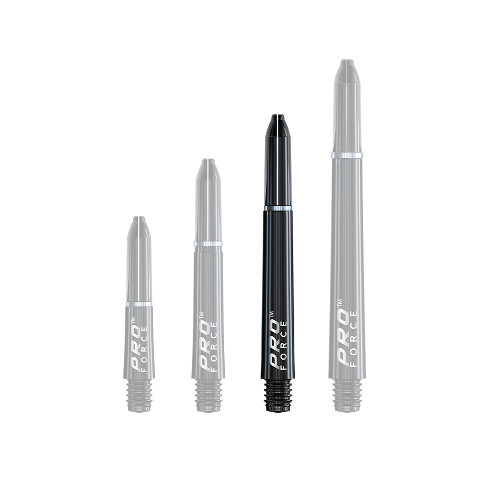 Das Bild zeigt vier schwarze Winmau Pro-Force Shafts in verschiedenen Längen. Die Shafts sind für Dartpfeile und haben ein schlichtes, modernes Design.