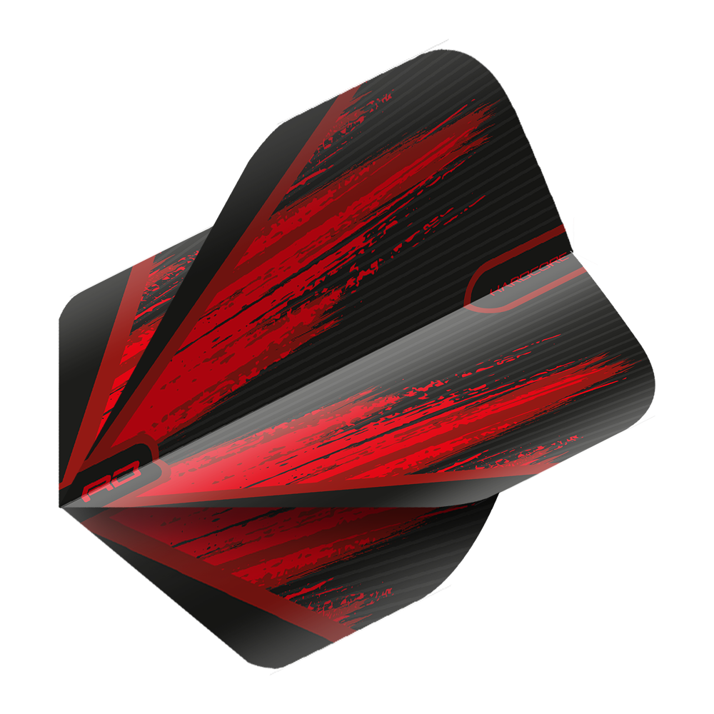 Dies ist ein Dart-Flight in den Farben Schwarz und Rot mit einem dynamischen, modernen Design. Die Oberfläche zeigt kräftige rote Streifen und das Wort "HARDCORE" ist darauf zu erkennen.