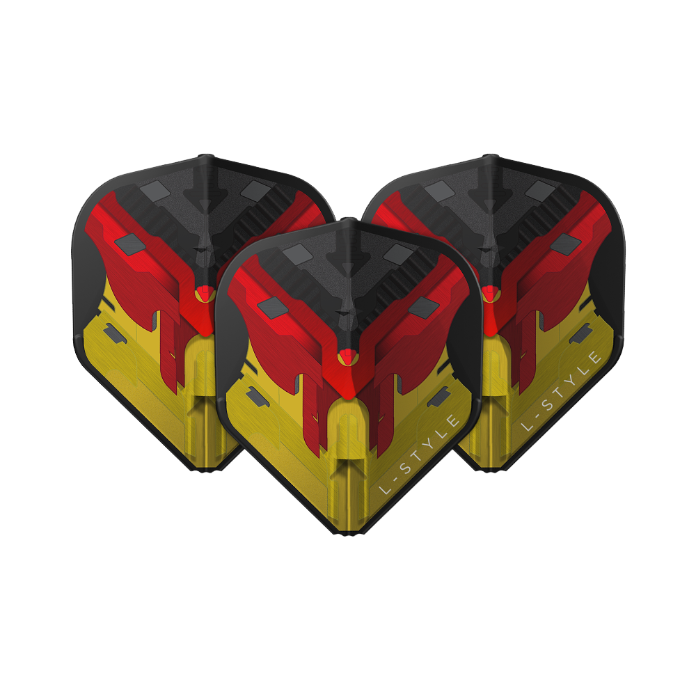 Das Bild zeigt drei Dart-Flights der Marke L-Style in den Farben Schwarz, Rot und Gelb, die an die deutsche Flagge erinnern. Auf einem der Flights ist der Schriftzug "L-STYLE" zu sehen.