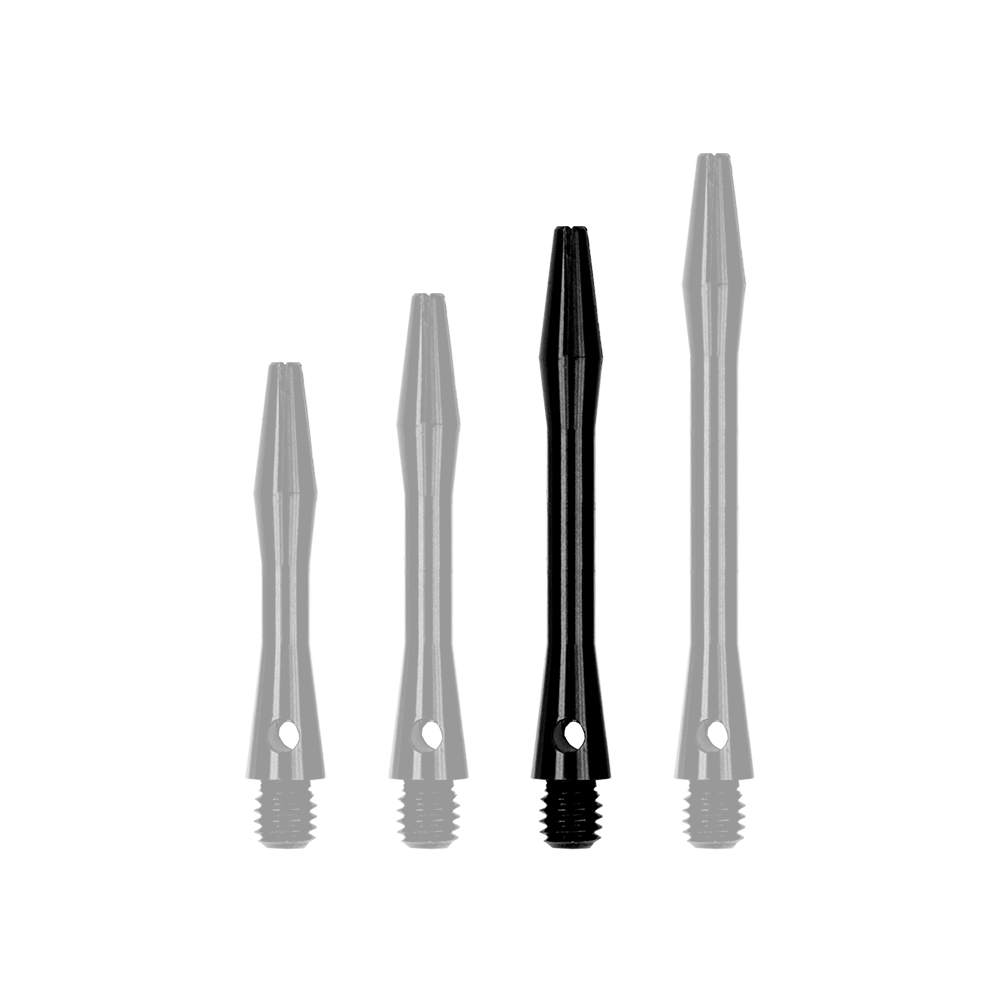 503_Aluminium_Shafts_Schwarz_40mm_1VzoIPNjKGsvp2 Auf dem Bild sind vier schwarze Aluminiumschäfte in unterschiedlicher Länge zu sehen. Sie stehen nebeneinander aufrecht auf weißem Hintergrund.