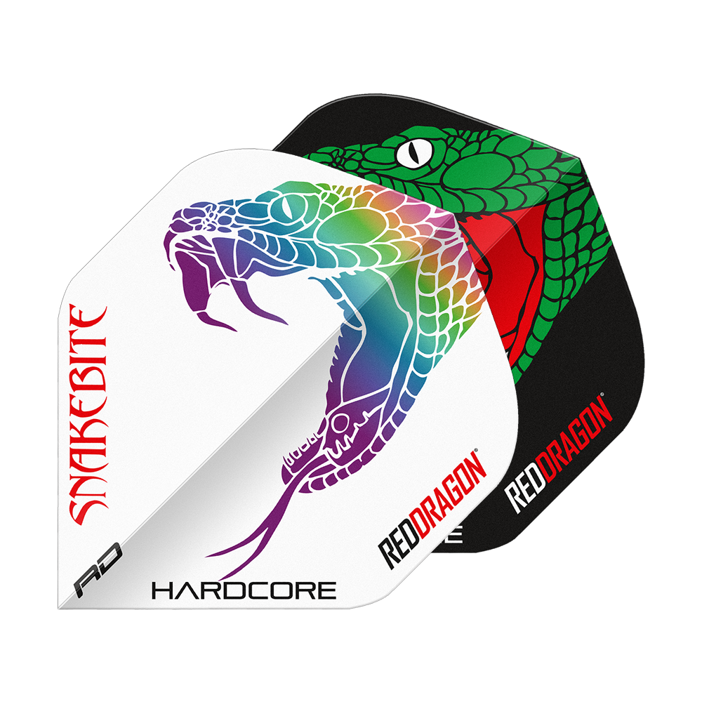 Red Dragon Peter Wright Snakebite Black White Yin Yang Standard Flights Das Bild zeigt zwei Dart-Flights mit auffälligen Schlangenmuster-Designs in Schwarz und Weiß. Auf beiden Flights stehen die Wörter "Snakebite" und "Red Dragon".