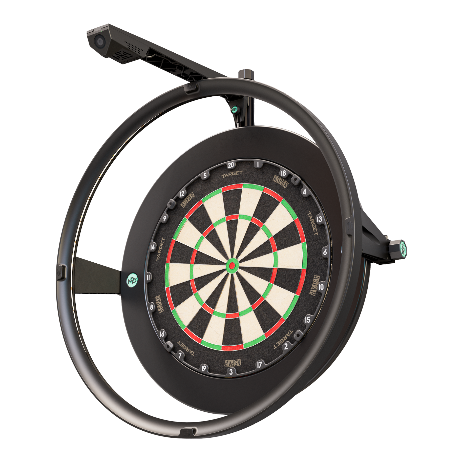 Target VIRT Kamera Das Bild zeigt das Produkt "Target VIRT Kamera", das eine Dartscheibe mit einer integrierten Kamera darstellt. Die Kamera ist oberhalb der runden Einfassung der Dartscheibe montiert.