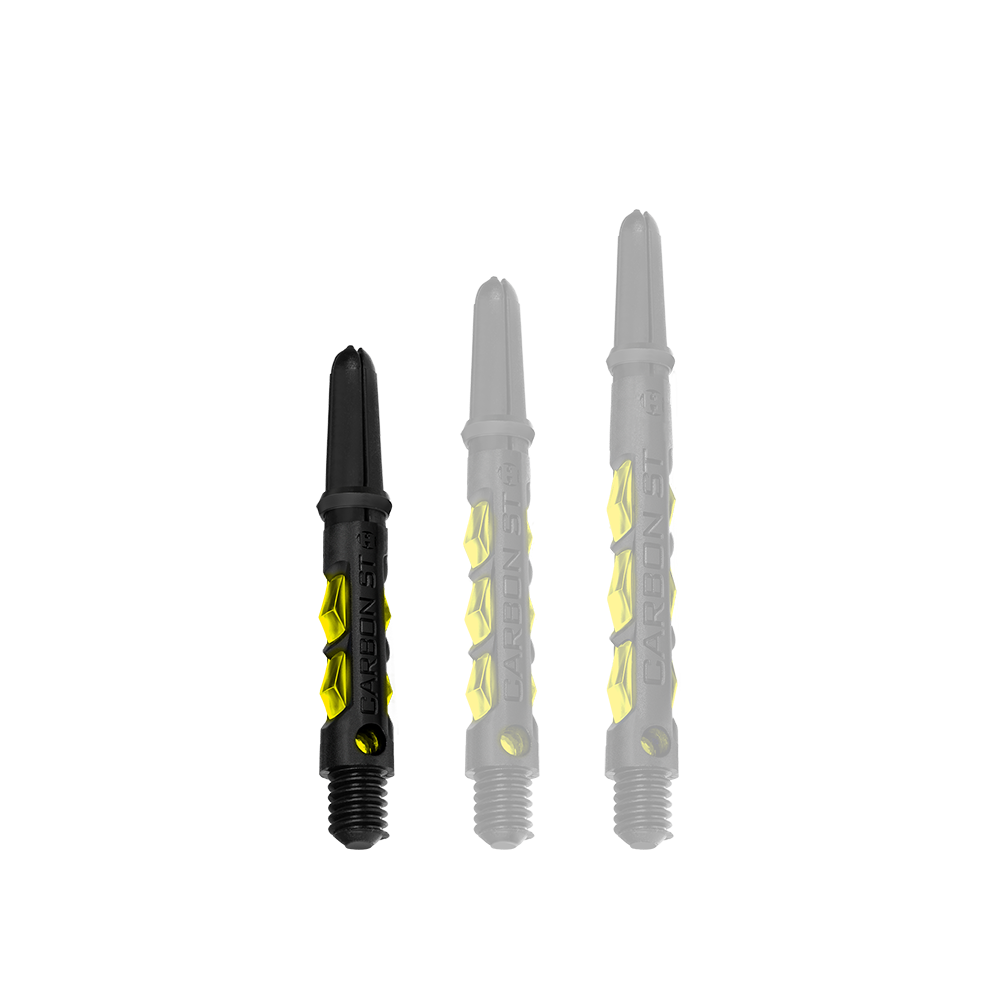 Das Bild zeigt drei Harrows Carbon ST Shafts in Gelb. Sie sind in unterschiedlichen Längen angeordnet und haben ein schwarz-gelbes Design.