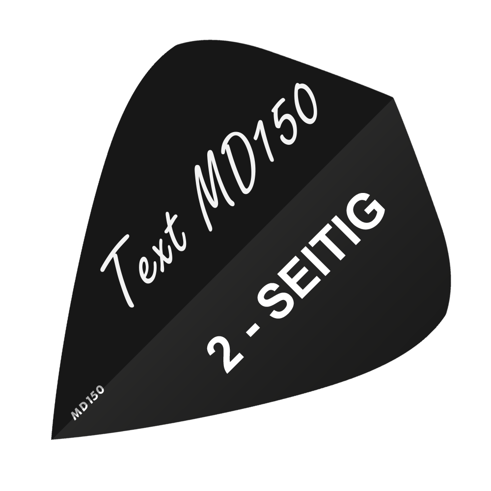 MD-300_2-Seitig_Bedruckte_Flights_Wunschtext_MD150_Schwarz_Kite_1 Das Bild zeigt ein schwarzes Feld mit weißem Text "Text MD150" und "2-SEITIG". Es handelt sich um das Produkt "10 Satz Bedruckte Flights 2-Seitig - Wunschtext - MD150 Kite".
