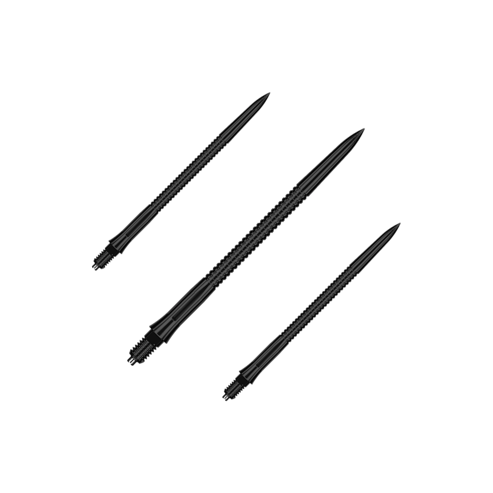 Das Foto zeigt ein Set schwarzer, gerillter Dartspitzen mit 40 mm Länge. Mehrere Spitzen sind auf einen Blick sichtbar.