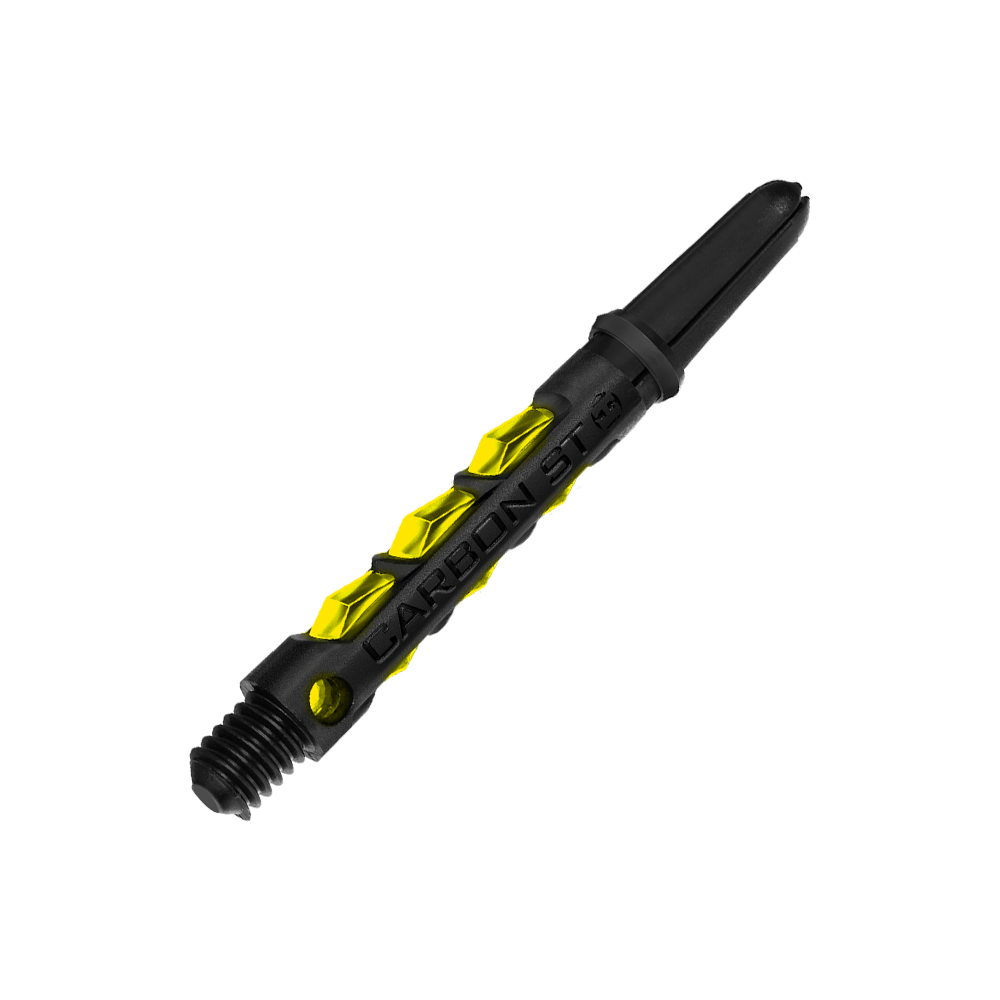 HR420_Harrows_Carbon_ST_Shafts_Gelb_40mm_2 Das Bild zeigt den Harrows Carbon ST Shaft in der Farbe Gelb. Der Schaft liegt vor einem modernen, gelb-schwarzen Hintergrund.