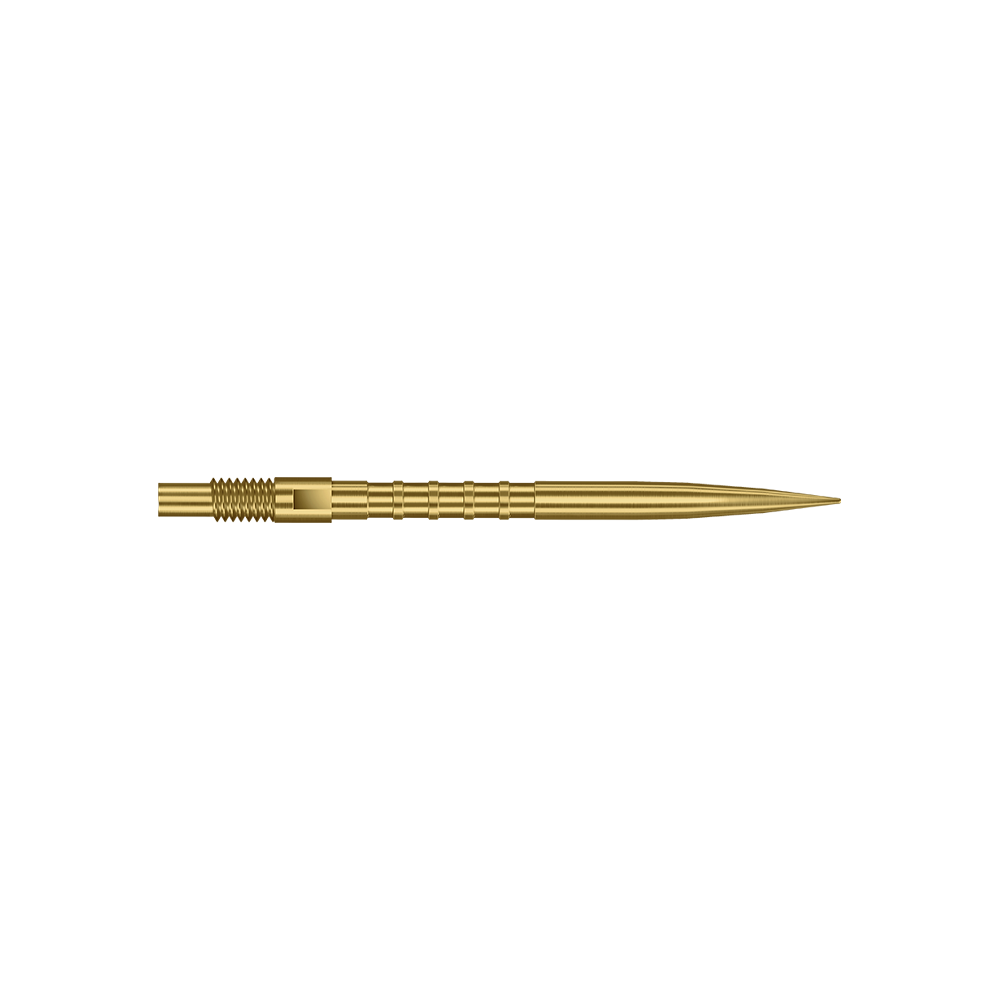 Das Bild zeigt goldene Dartspitzen mit starkem Metallgriff und 30mm Länge. Zu sehen ist das Produkt Harrows Quick Point Heavy Metal Grip Dartspitzen Gold 30mm.