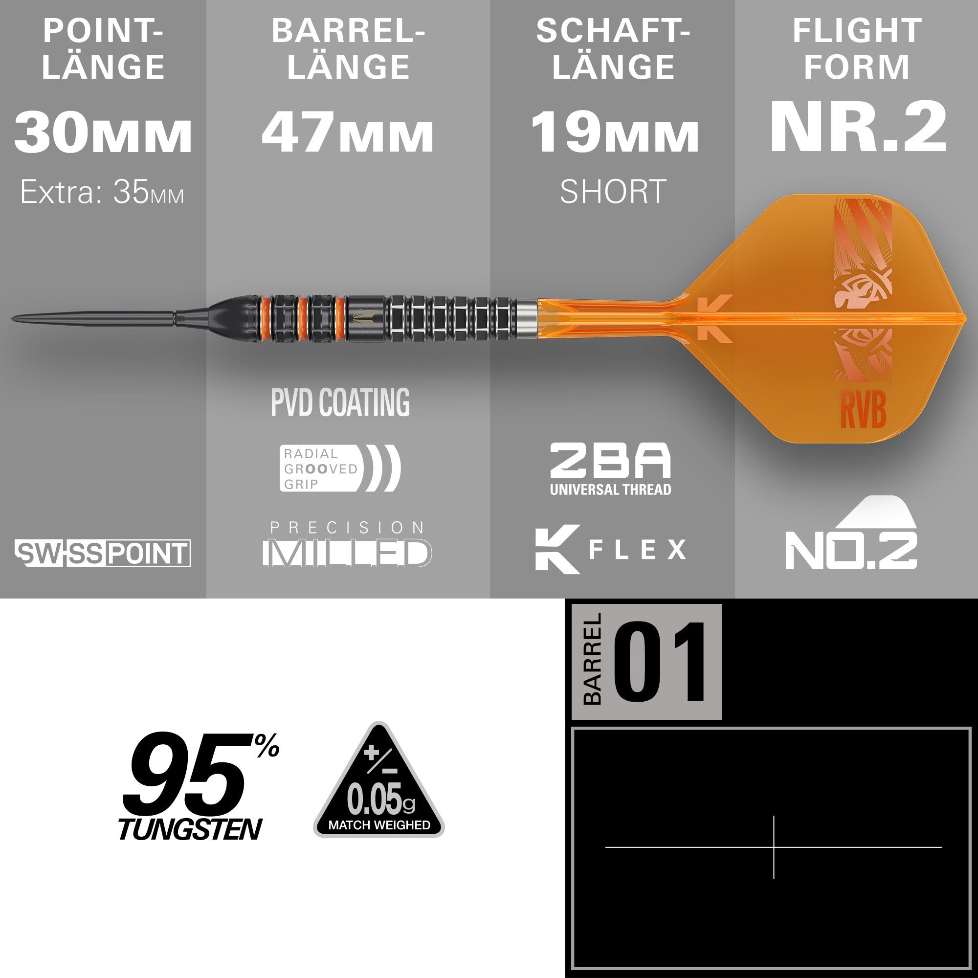 Target Raymond Van Barneveld 95K Swiss Points Steeldarts Auf dem Bild ist der Target Raymond Van Barneveld 95K Swiss Points Steeldarts zu sehen. Die Darts haben ein professionelles Design.