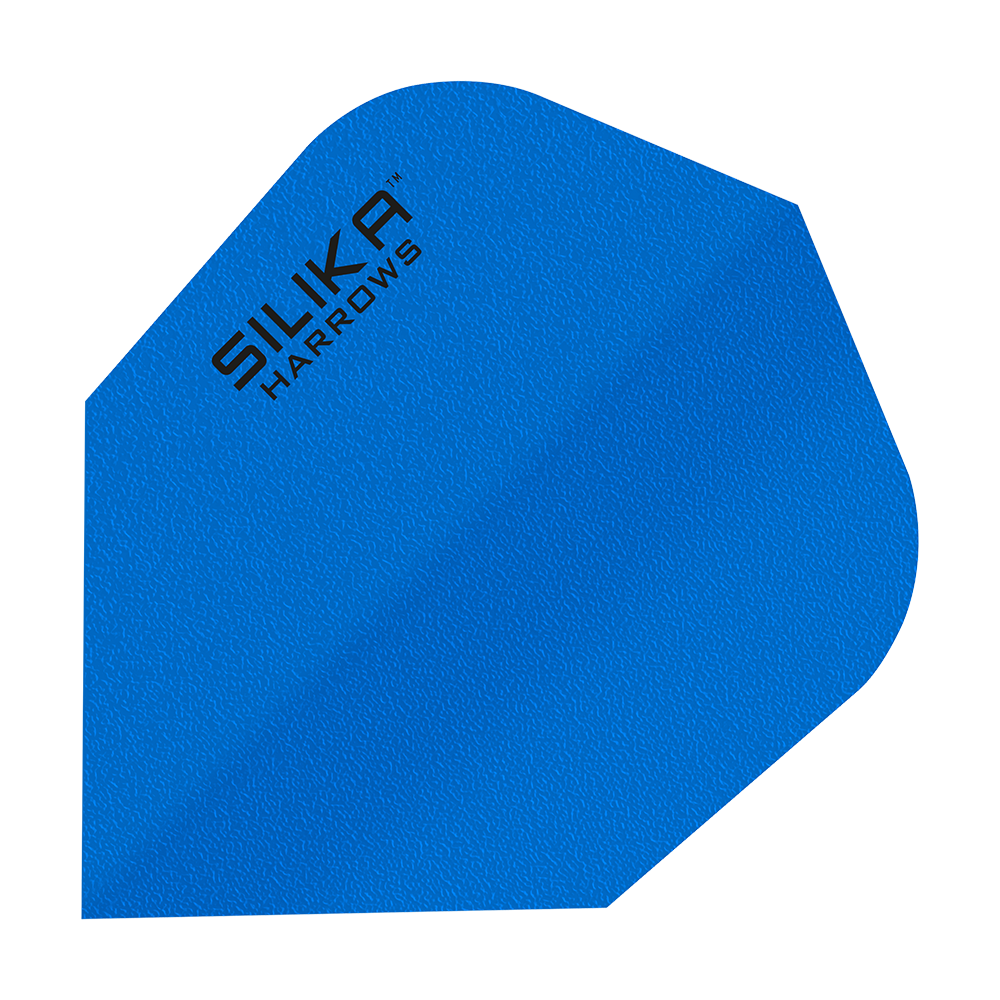 Harrows Silika Solid Tough Crystalline Coating Blue No6 Flights Das Bild zeigt ein blaues Dart-Flight mit der Aufschrift "SILIKA HARROWS". Es handelt sich um das Modell "Harrows Silika Solid Tough Crystalline Coating Blue No6 Flights".