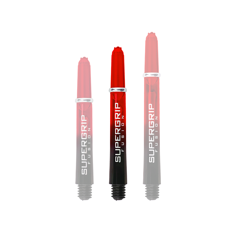 HR343_Harrows_Supergrip_Fusion_Shafts_Rot_40mm_1iStdOaVuc6uL2 Das Bild zeigt drei Harrows Supergrip Fusion Shafts in der Farbe Rot. Die Schäfte sind oben rot und verlaufen nach unten hin in Schwarz mit weißer Aufschrift.