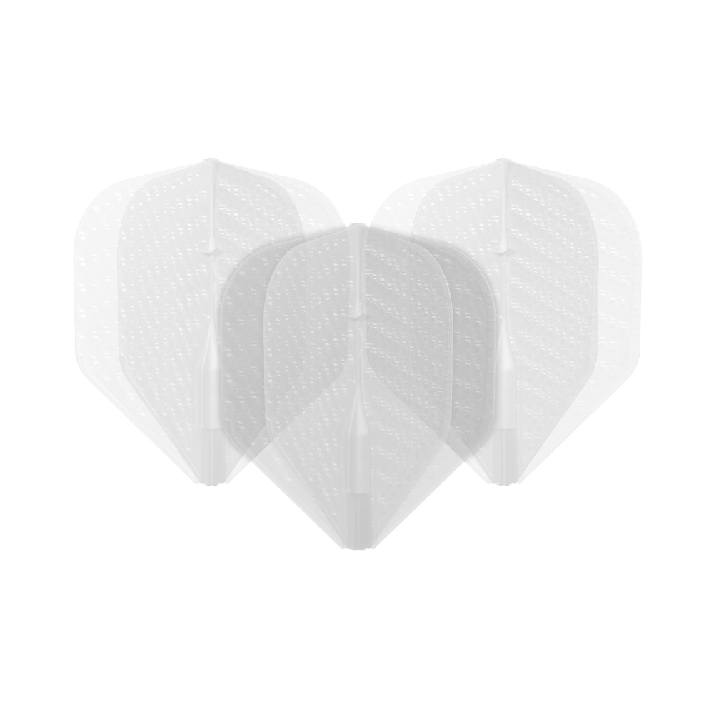 Das Bild zeigt drei durchsichtige Dart-Flights mit einer strukturierten Oberfläche. Sie sind in einer leicht gefächerten Anordnung aufgestellt.