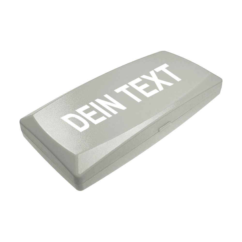 ABS Box mit Wunschdruck Auf dem Bild ist eine graue Kunststoffbox zu sehen. Auf dem Deckel steht in großen weißen Buchstaben "DEIN TEXT".