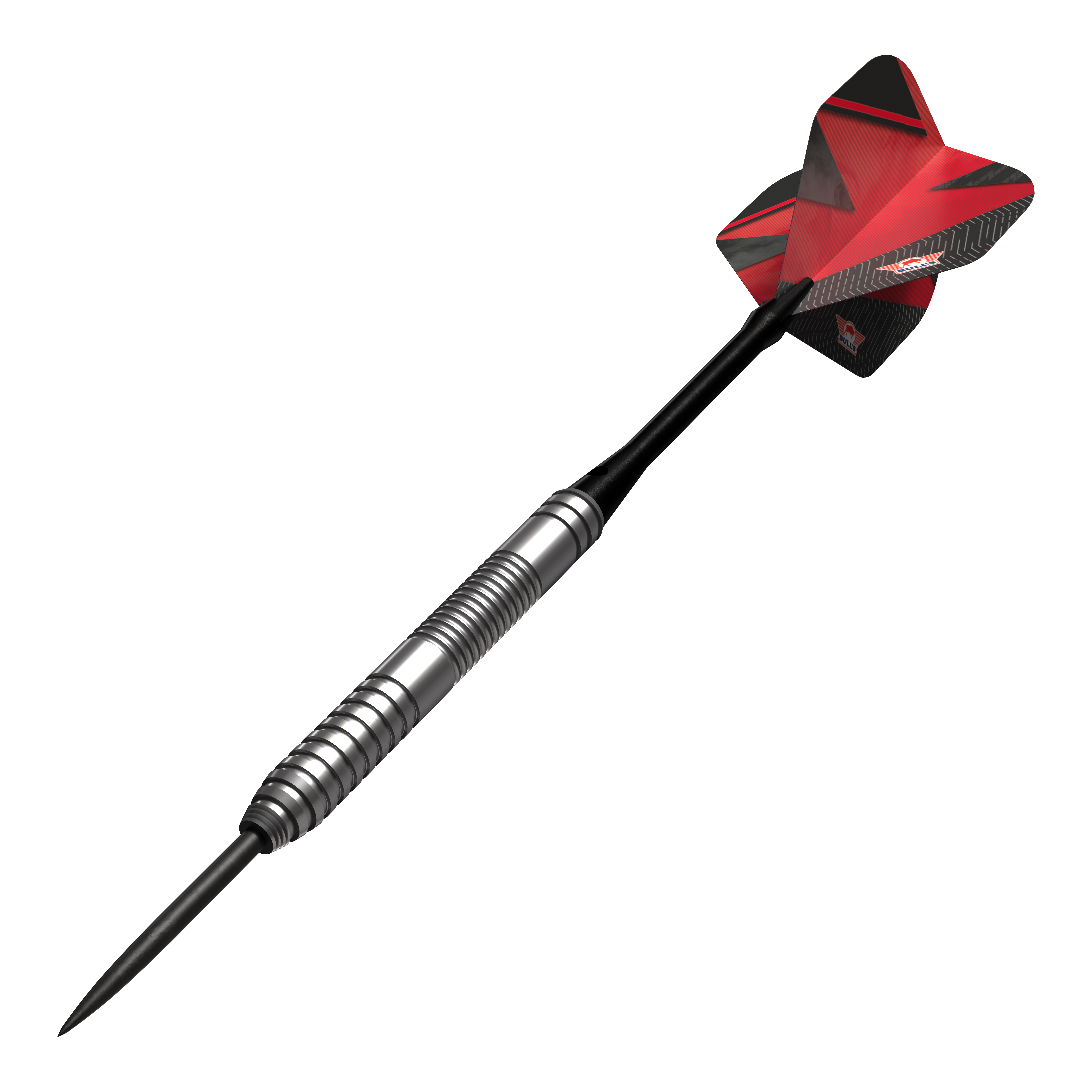 Bulls NL Lightning Red Steeldarts Das Bild zeigt einen Bulls NL Lightning Red Steeldart mit silbernem Barrel und roten Flights. Der Dart hat ein modernes Design und ist für Präzision beim Spielen gemacht.