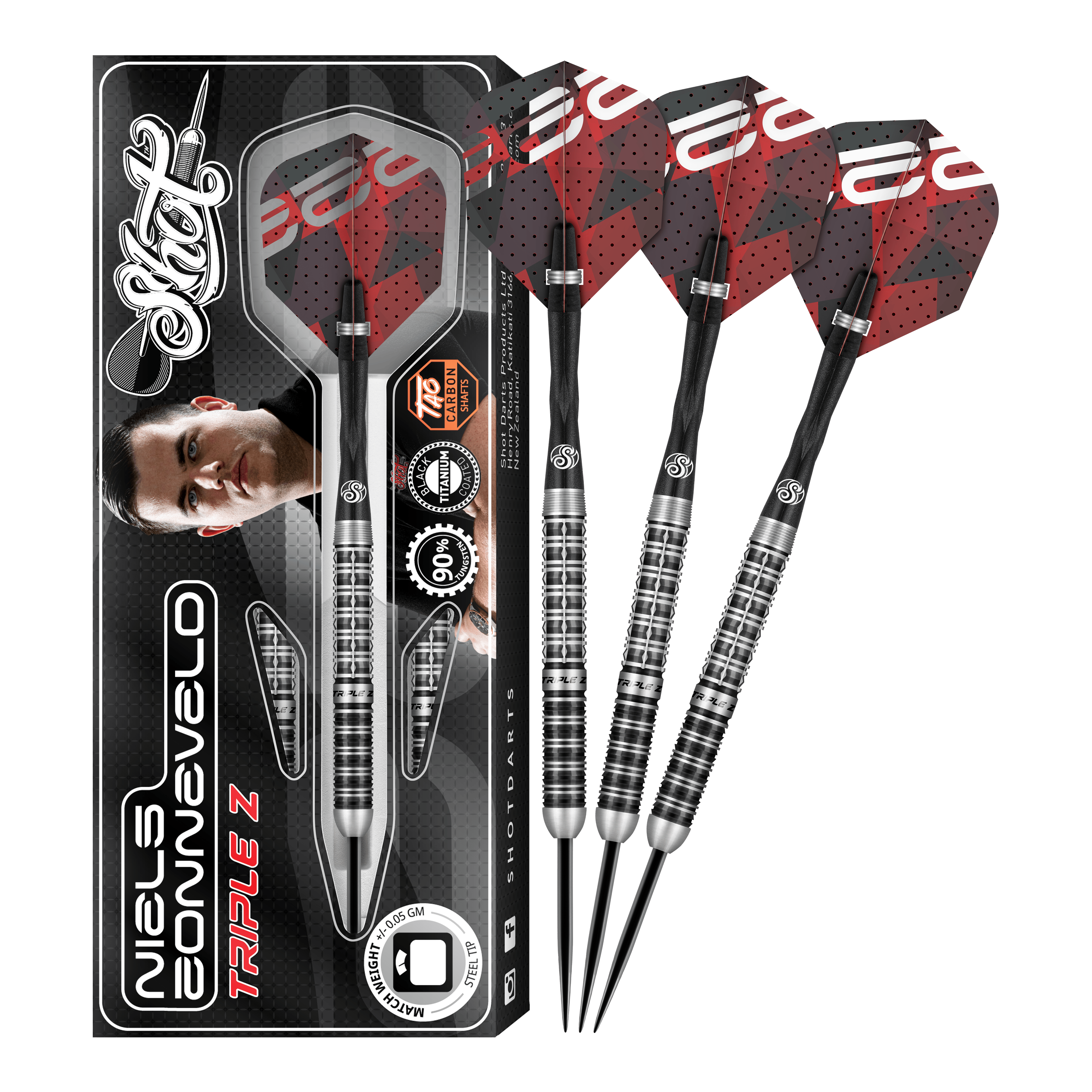 Shot Niels Zonneveld V2 Steeldarts Das Bild zeigt das Produkt "Shot Niels Zonneveld V2 Steeldarts" samt Verpackung und vier Steeldarts. Die Darts haben ein silber-schwarzes Design mit roten Flights.