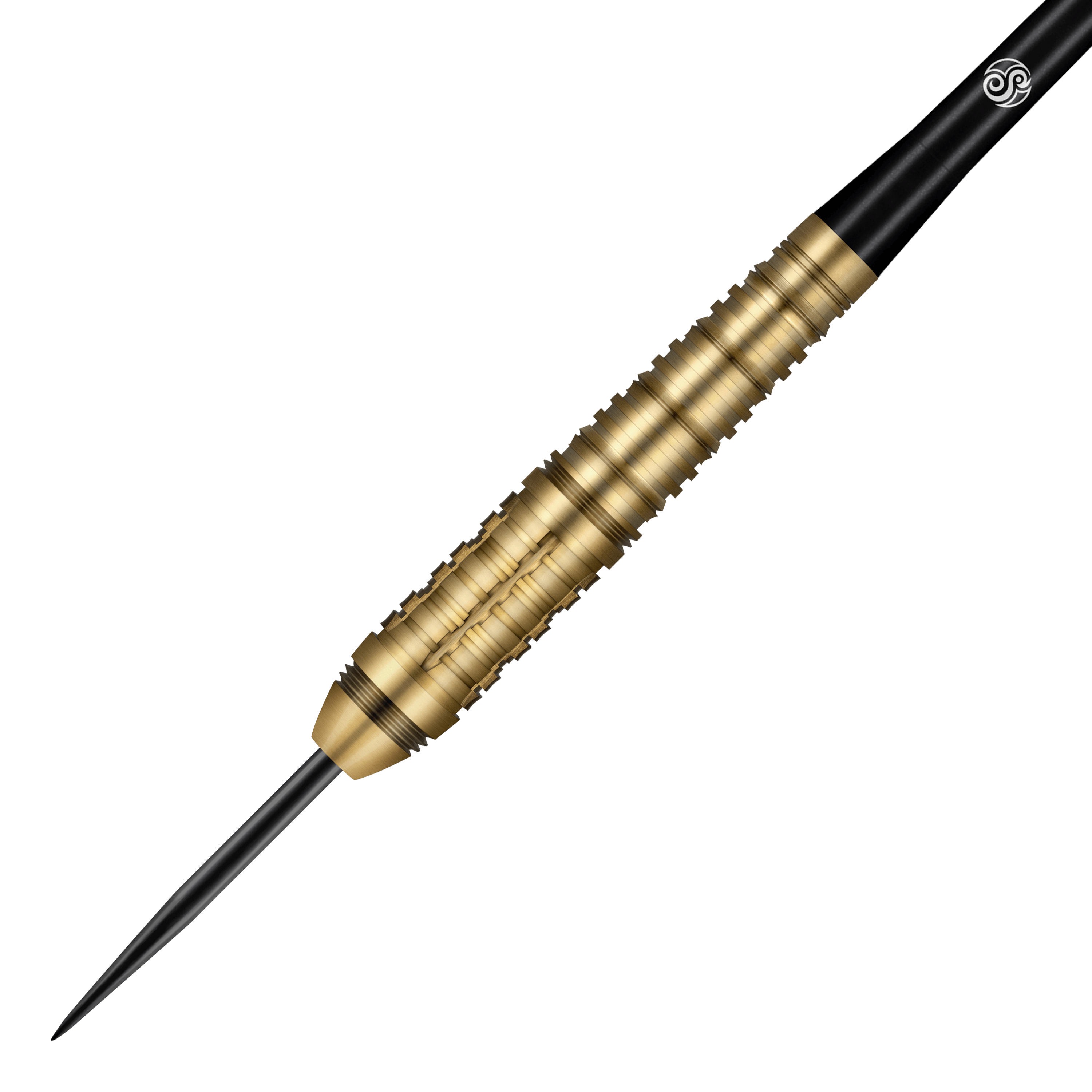 Shot Redline Mach 1 Steeldarts Das Bild zeigt einen Steeldart der Marke Shot Redline Mach 1. Der Dart hat eine goldene, geriffelte Oberfläche und eine schwarze Spitze.