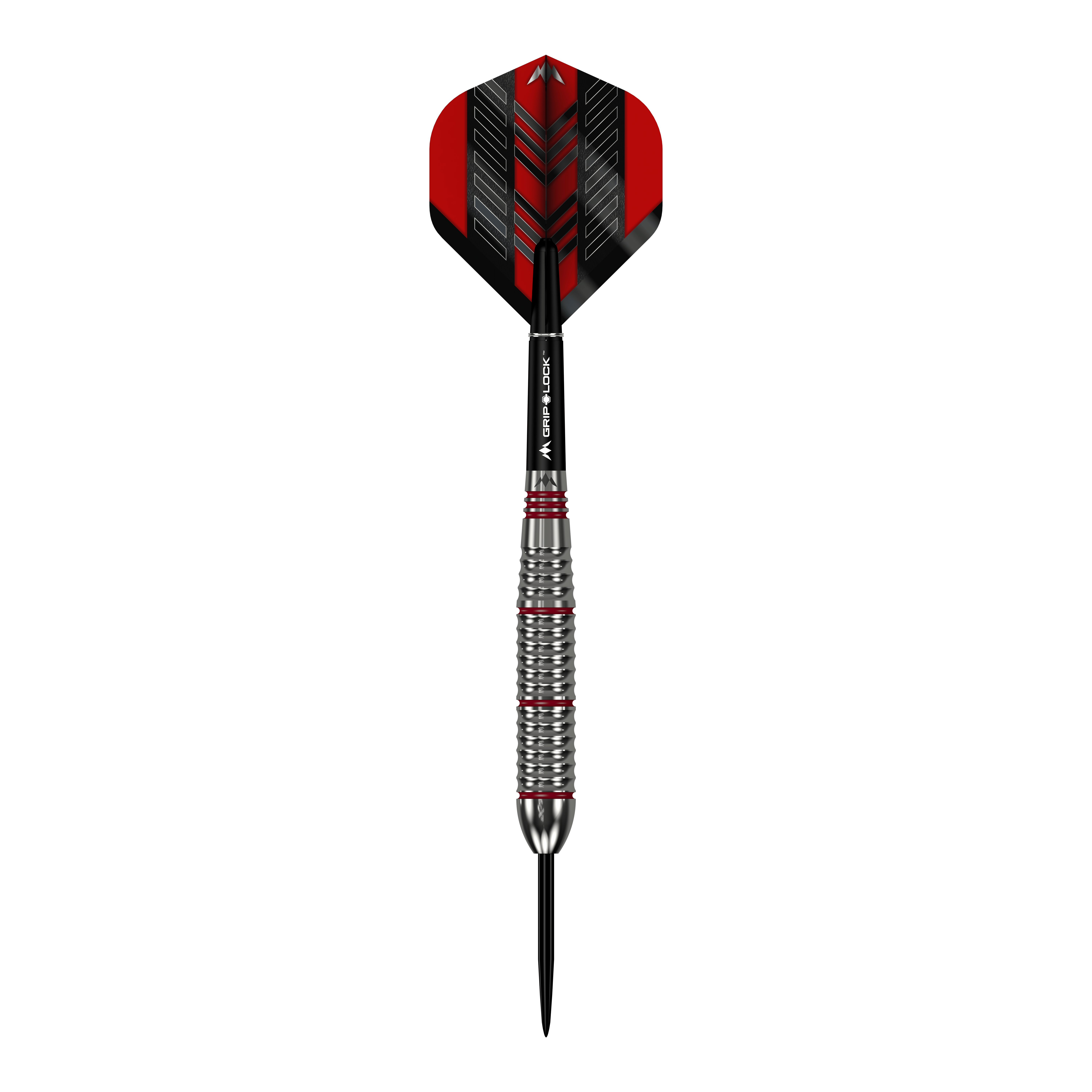 Mission Rogue Brass Steeldarts - 22g Das Bild zeigt einen Mission Rogue Brass Steeldart mit einem Gewicht von 22 Gramm. Der Dart hat ein silbernes, geriffeltes Barrel und rote sowie schwarze Akzente an Flight und Shaft.