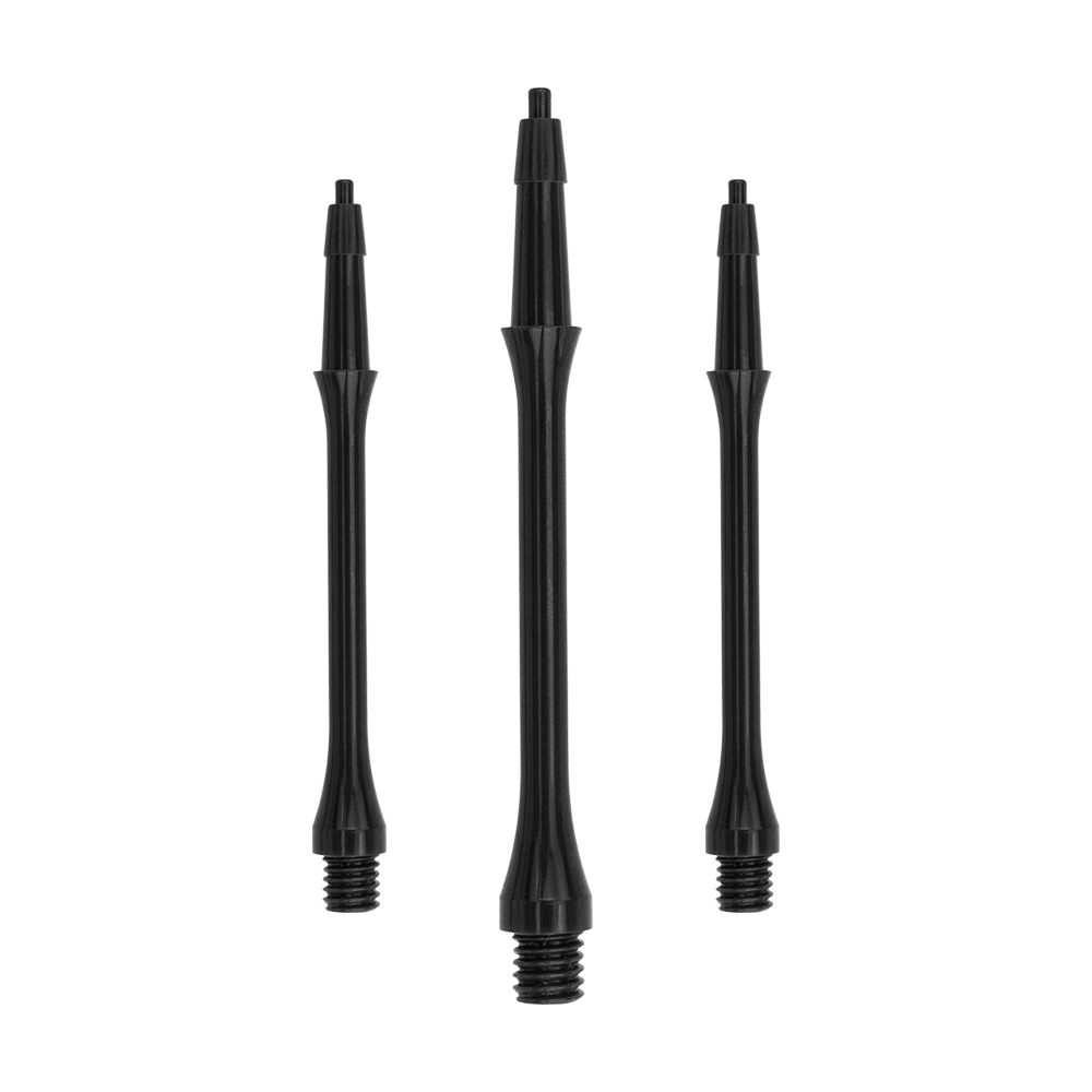 Das Bild zeigt drei schwarze Harrows Clic Slim Shafts für Darts. Sie sind schlank und haben ein Gewinde am unteren Ende zur Befestigung.