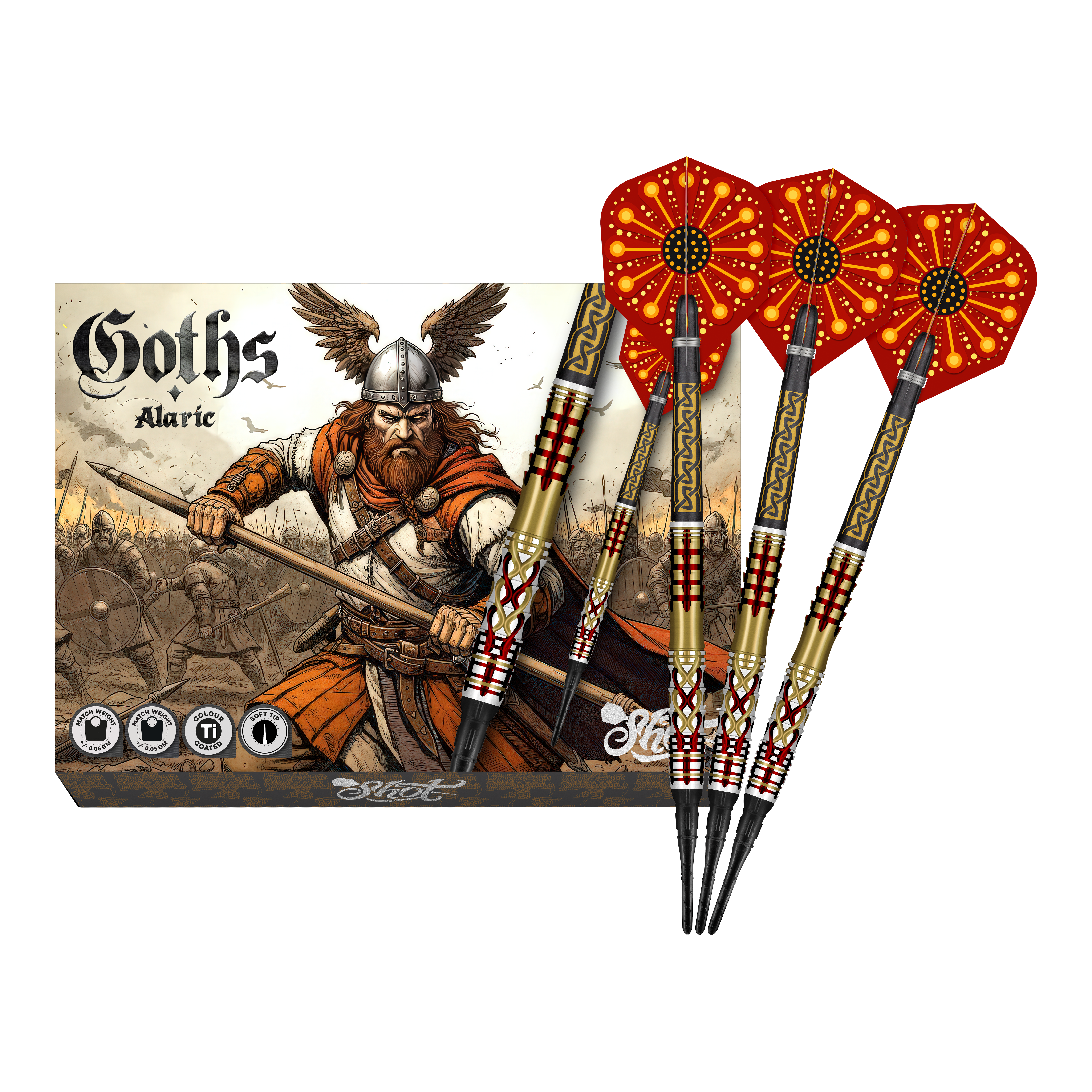Abgebildet sind die Shot Goths Alaric Softdarts - 20g in voller Ansicht. Die gesamte Länge der Darts ist deutlich erkennbar.