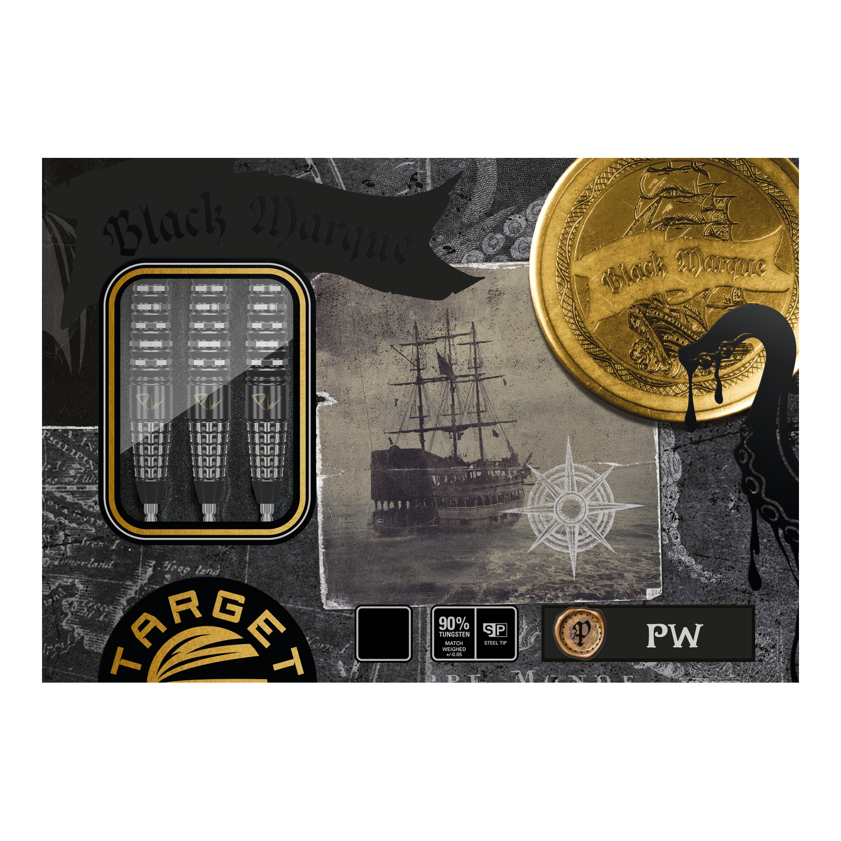 Target Japan Black Marque PW Swiss Point Steeldarts Das Bild zeigt die Verpackung der "Target Japan Black Marque PW Swiss Point Steeldarts". Auf der Verpackung sind drei Darts, ein Segelschiff und ein goldener Münzmotiv abgebildet.