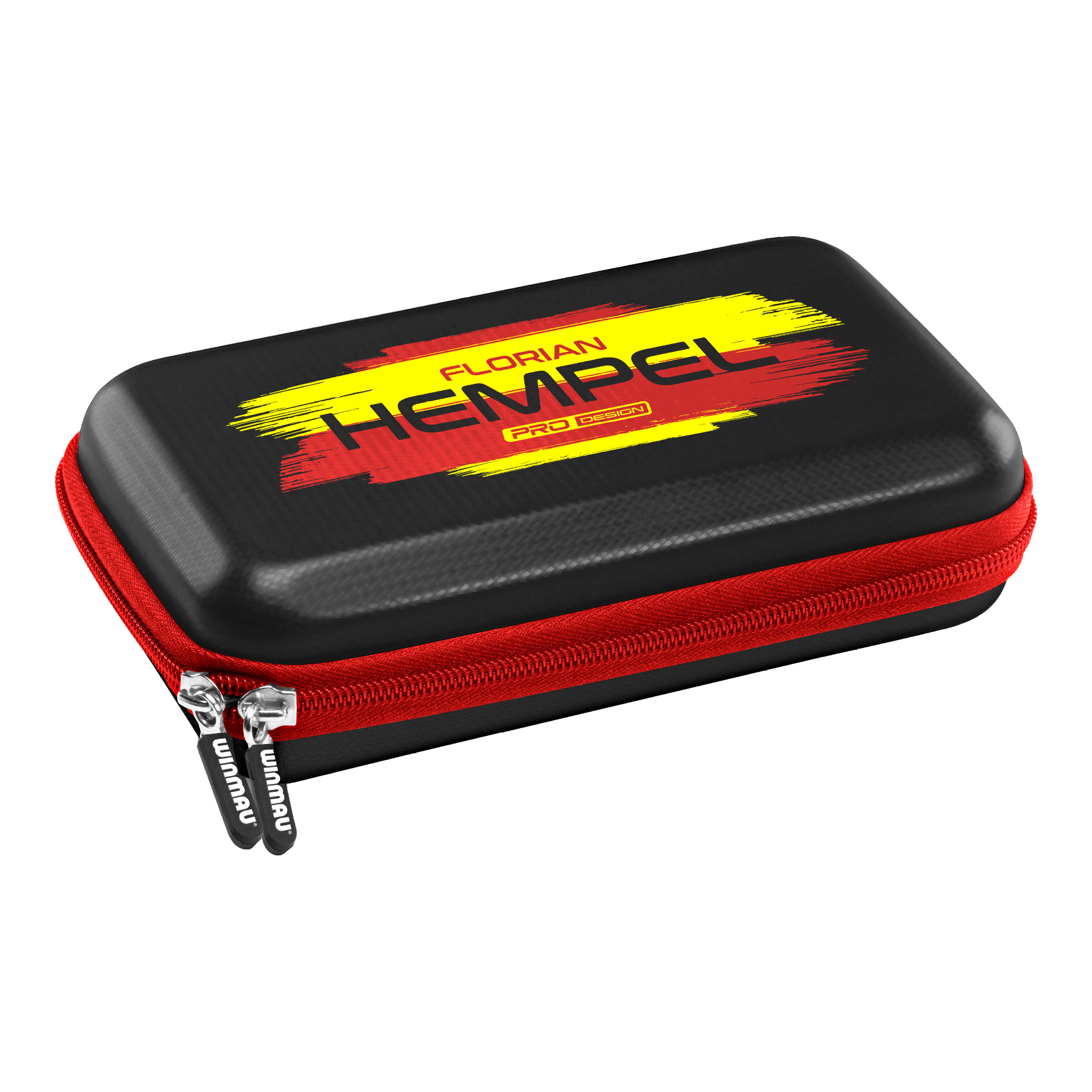 Winmau Florian Hempel Tour Edition Dartcase Das Bild zeigt das Winmau Florian Hempel Tour Edition Dartcase. Das Etui ist schwarz mit einem roten Reißverschluss und einem gelb-roten Aufdruck.