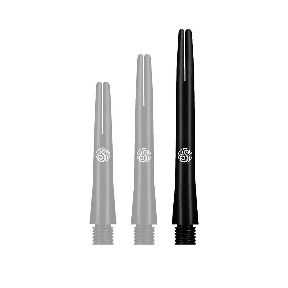 SM3809-M_Shot_Aluminium_Shafts_Black_47mm_1hbxpVcxNWftre Das Bild zeigt drei schwarze Aluminiumschäfte für Darts in verschiedenen Längen. Auf jedem Schaft befindet sich ein weißes Logo.